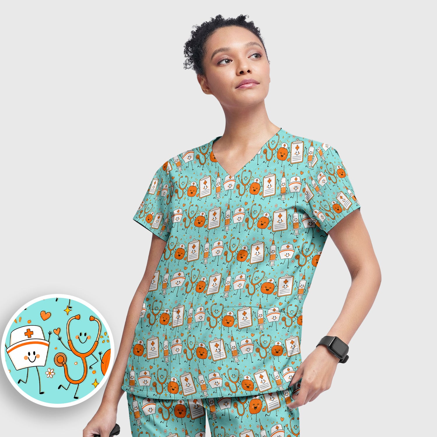 Halloween Stethoscope And Medical Icons Scrub Set, Scrub Pants and V Neck Top