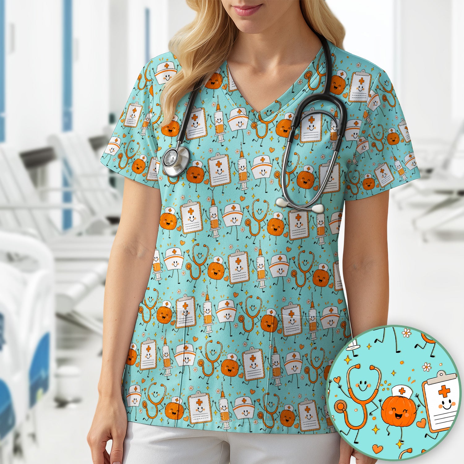 Halloween Stethoscope And Medical Icons Scrub Top, Comfortable Scrubs for Nurses
