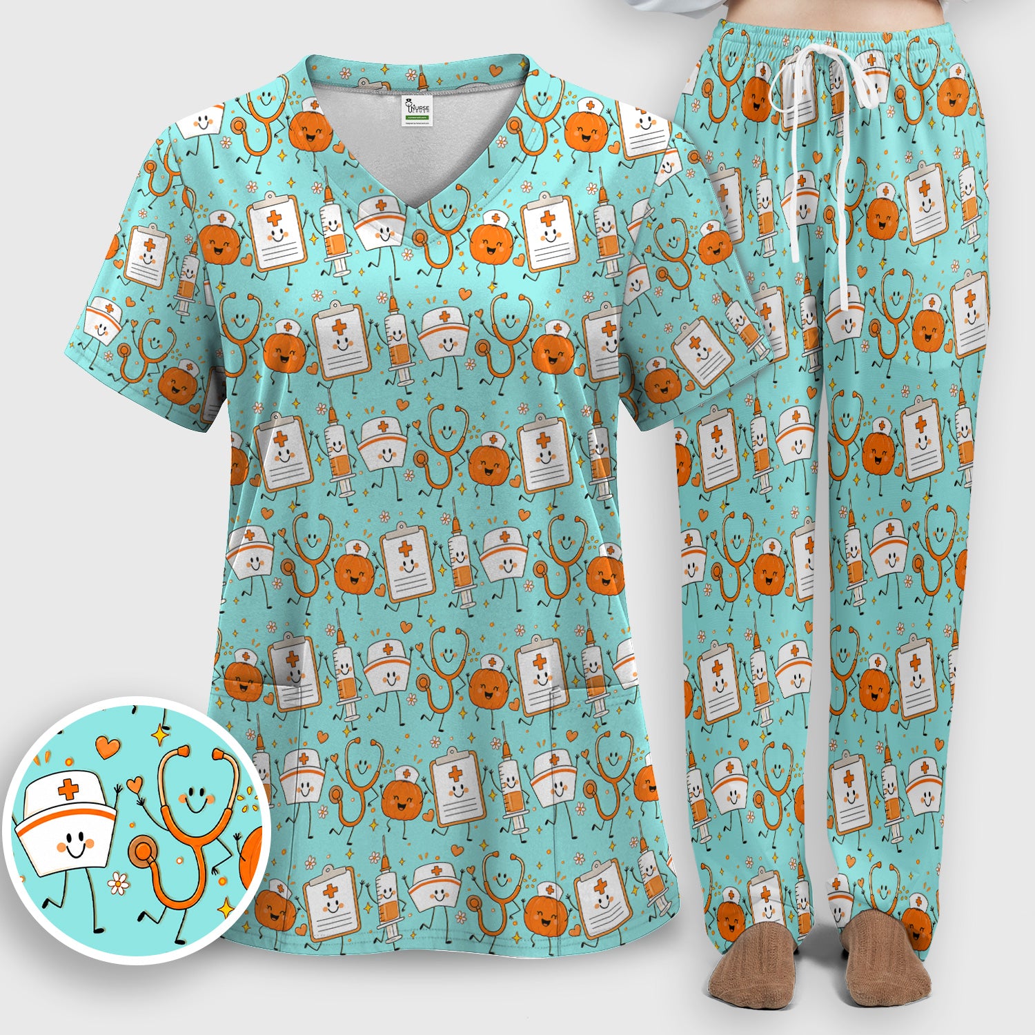 Halloween Stethoscope And Medical Icons Scrub Set, Scrub Pants and V Neck Top
