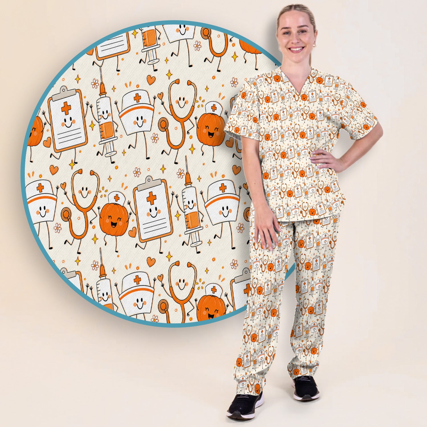 Halloween Stethoscope And Medical Icons Scrub Set, Scrub Pants and V Neck Top