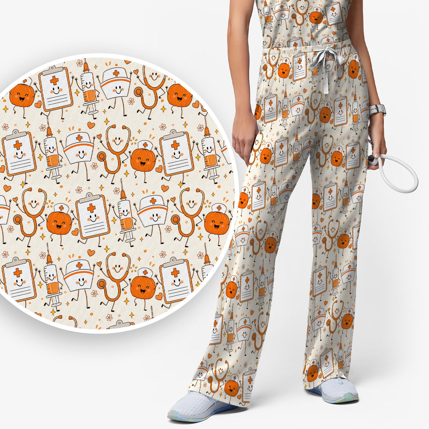 Halloween Stethoscope And Medical Icons Scrub Set, Scrub Pants and V Neck Top