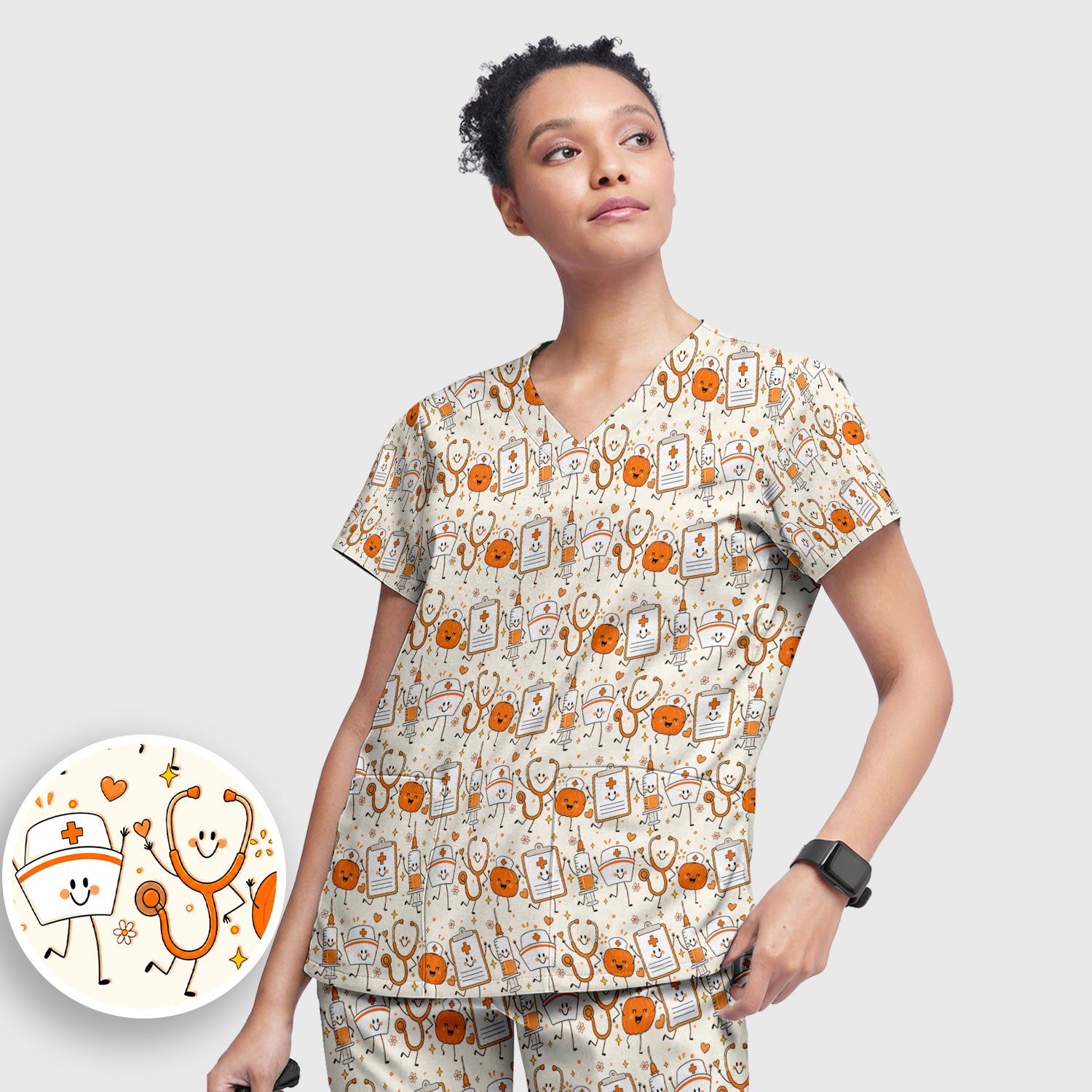 Halloween Stethoscope And Medical Icons Scrub Set, Scrub Pants and V Neck Top