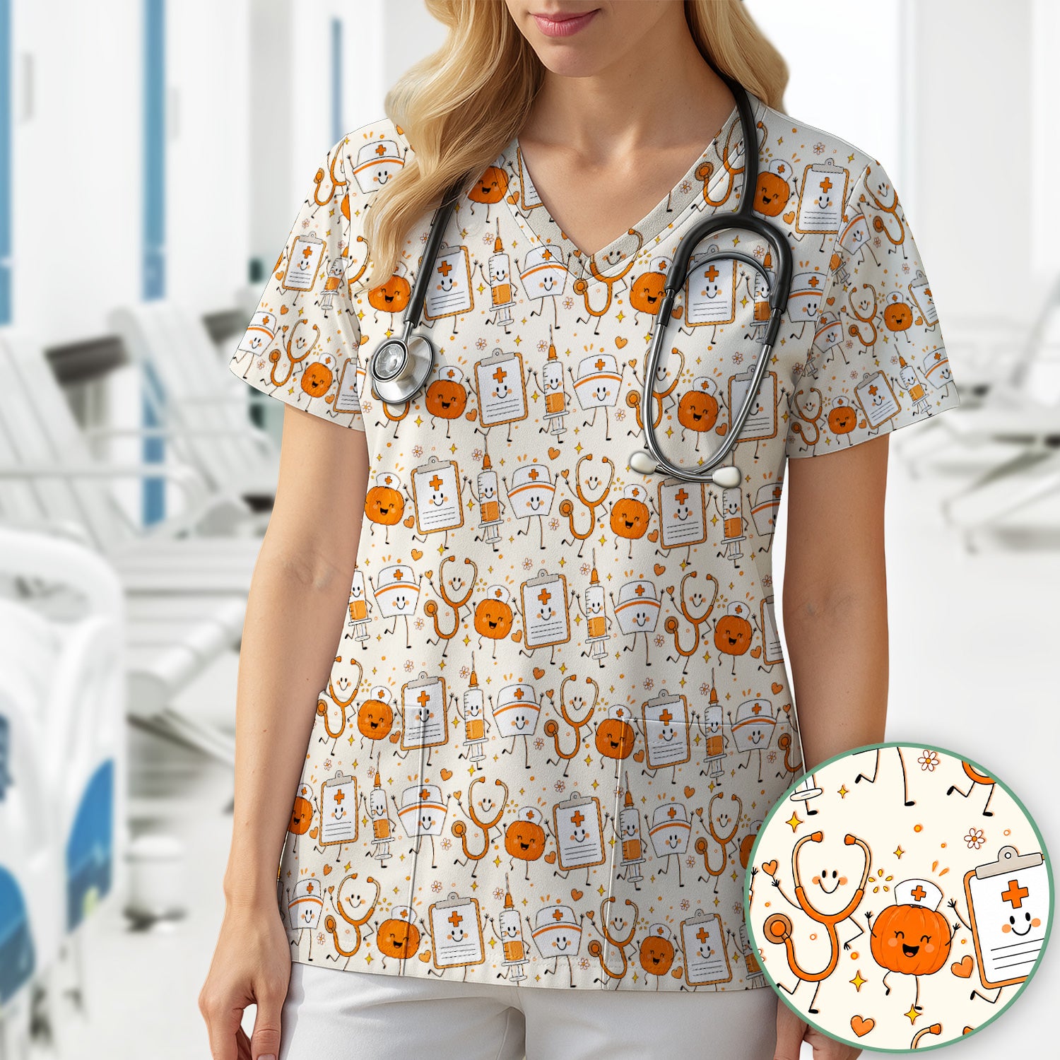 Halloween Stethoscope And Medical Icons Scrub Top, Comfortable Scrubs for Nurses