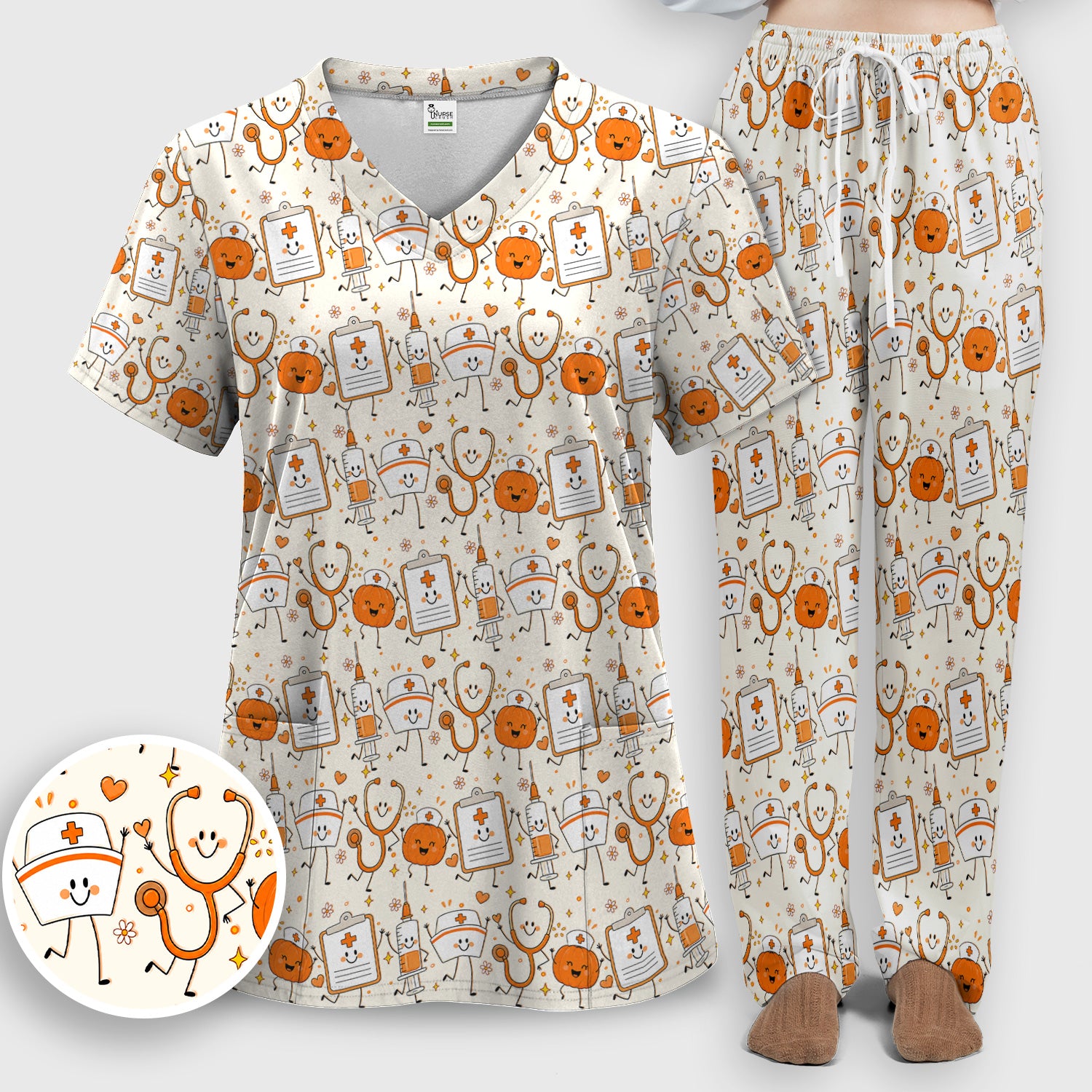 Halloween Stethoscope And Medical Icons Scrub Set, Scrub Pants and V Neck Top
