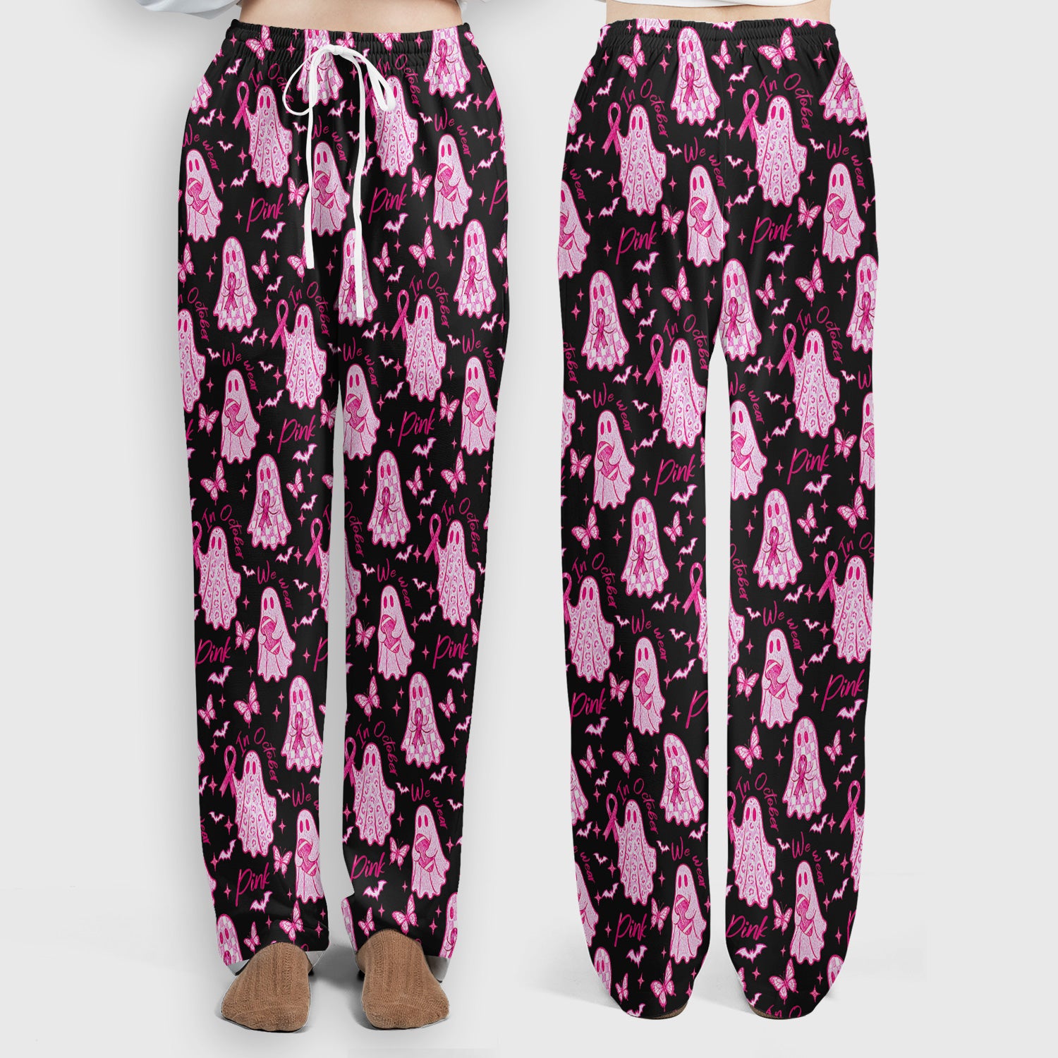 Spooky Pink Ribbon Ghost Scrub Set, Scrub Pants and V Neck Top