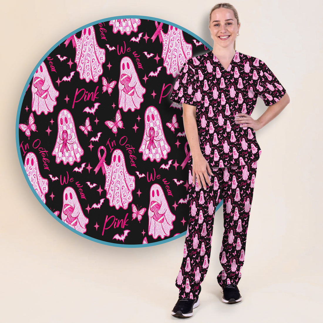 Spooky Pink Ribbon Ghost Scrub Set, Scrub Pants and V Neck Top