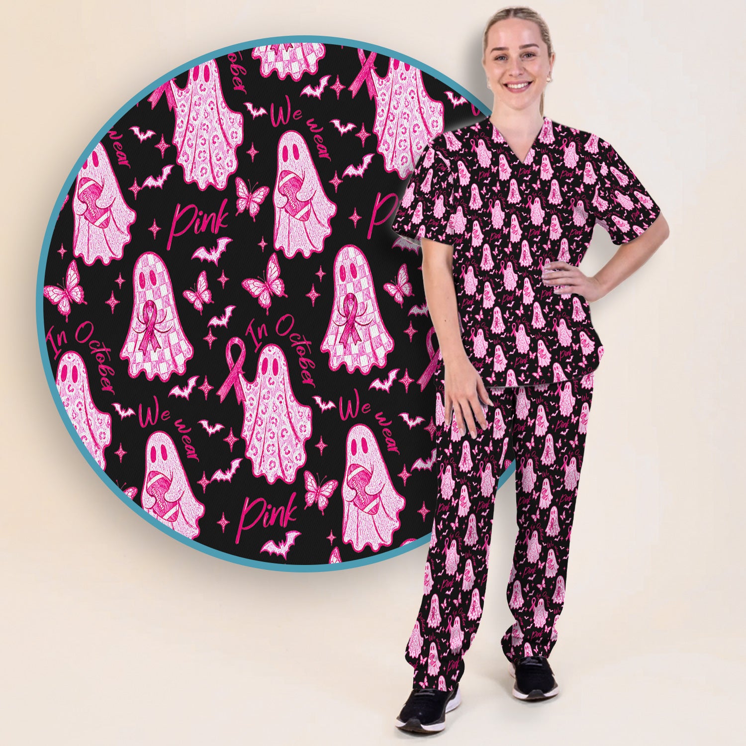 Spooky Pink Ribbon Ghost Scrub Set, Scrub Pants and V Neck Top