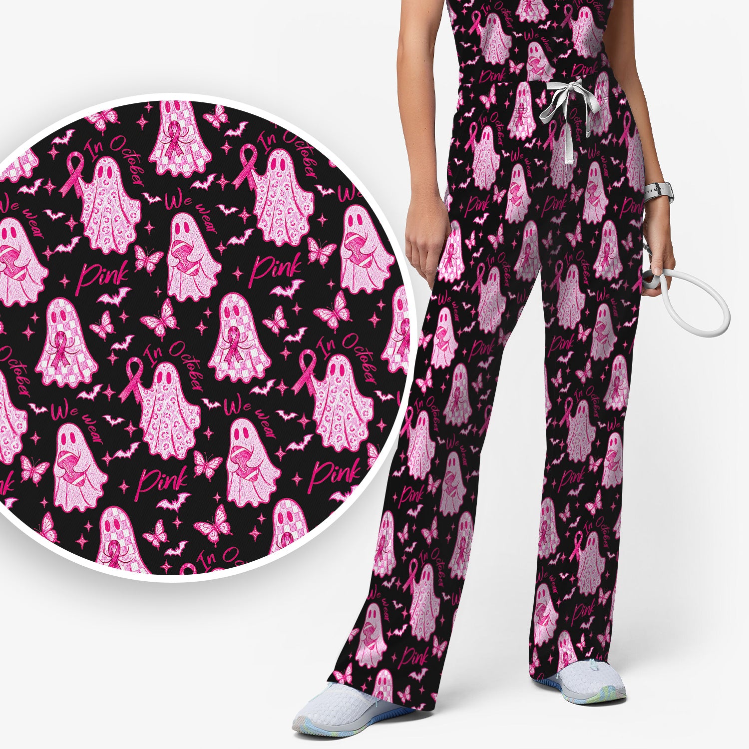 Spooky Pink Ribbon Ghost Scrub Set, Scrub Pants and V Neck Top