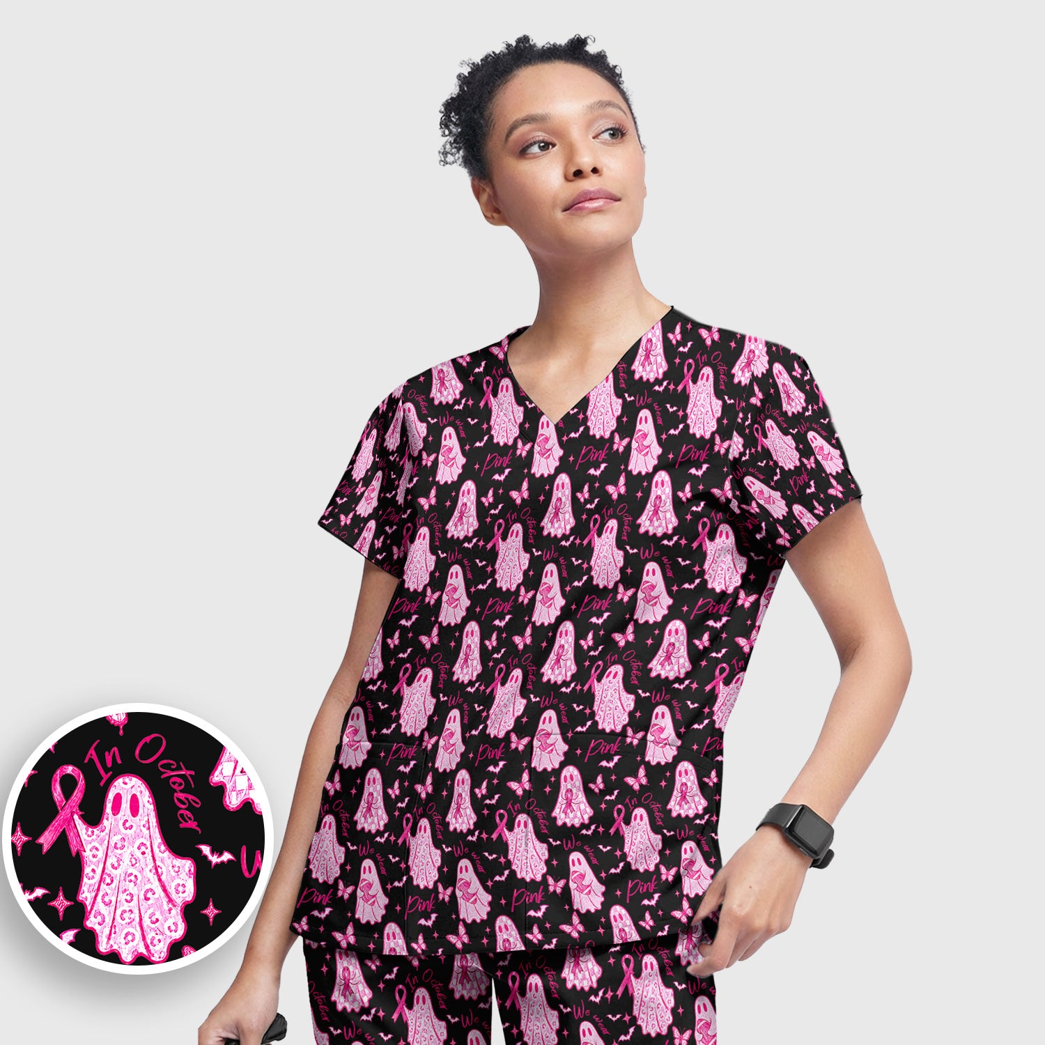 Spooky Pink Ribbon Ghost Scrub Set, Scrub Pants and V Neck Top