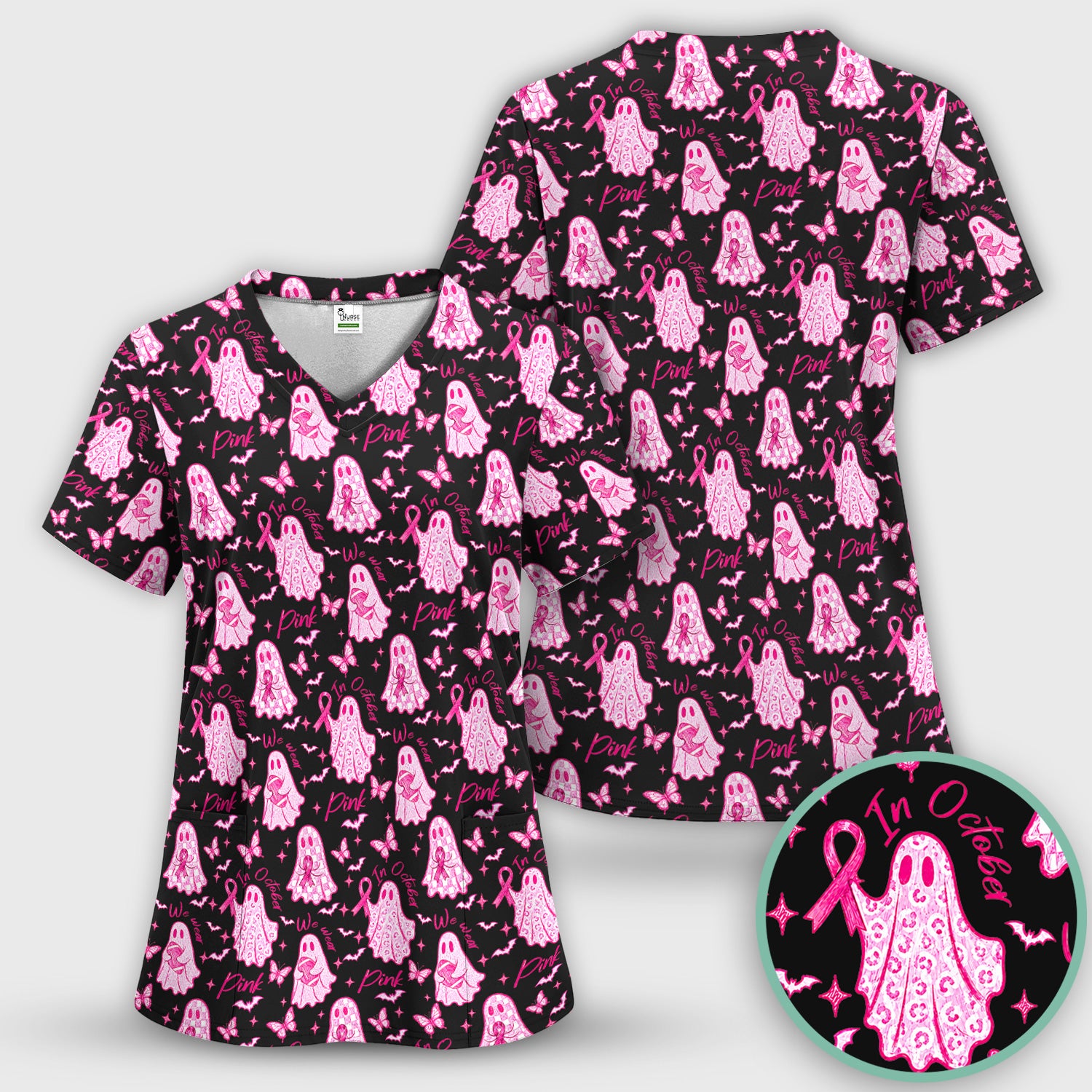 Spooky Pink Ribbon Ghost Scrub Top, Comfortable Scrubs for Nurses