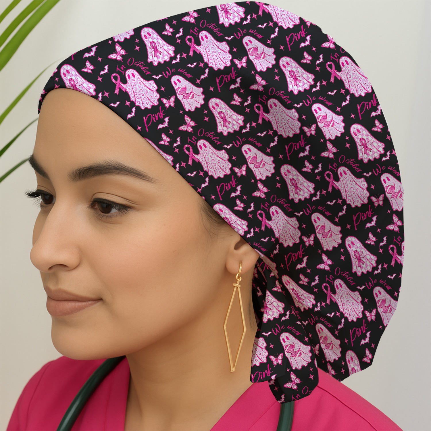 Spooky Pink Ribbon Ghost Scrub Cap, Surgical Caps for Doctors
