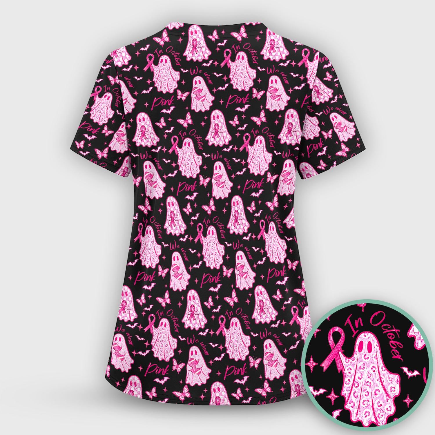 Spooky Pink Ribbon Ghost Scrub Top, Comfortable Scrubs for Nurses
