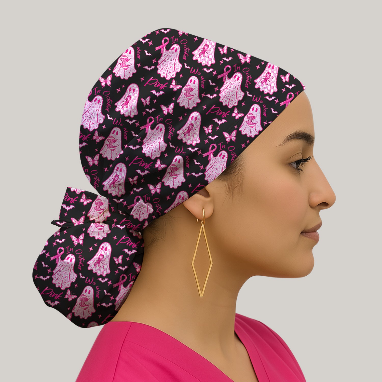 Spooky Pink Ribbon Ghost Scrub Cap, Surgical Caps for Doctors