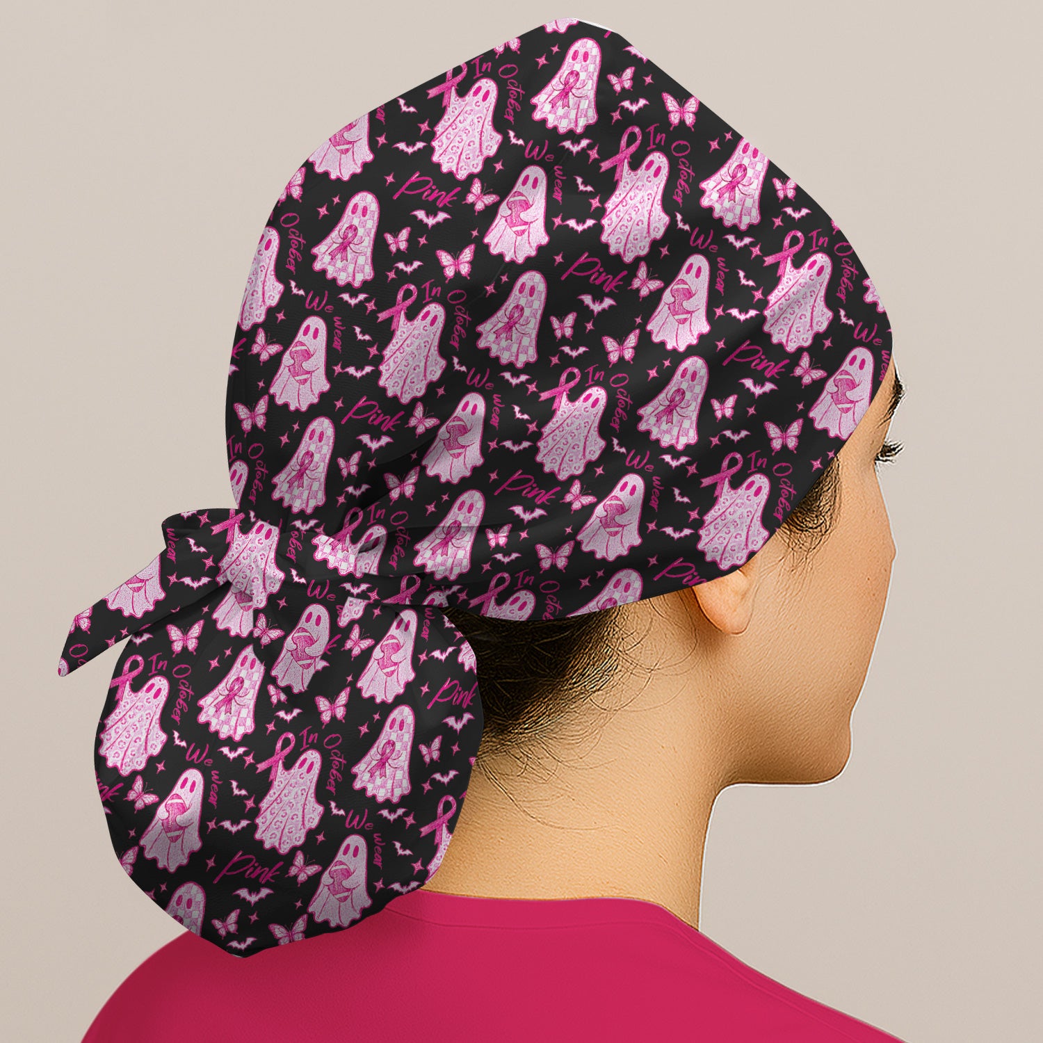 Spooky Pink Ribbon Ghost Scrub Cap, Surgical Caps for Doctors