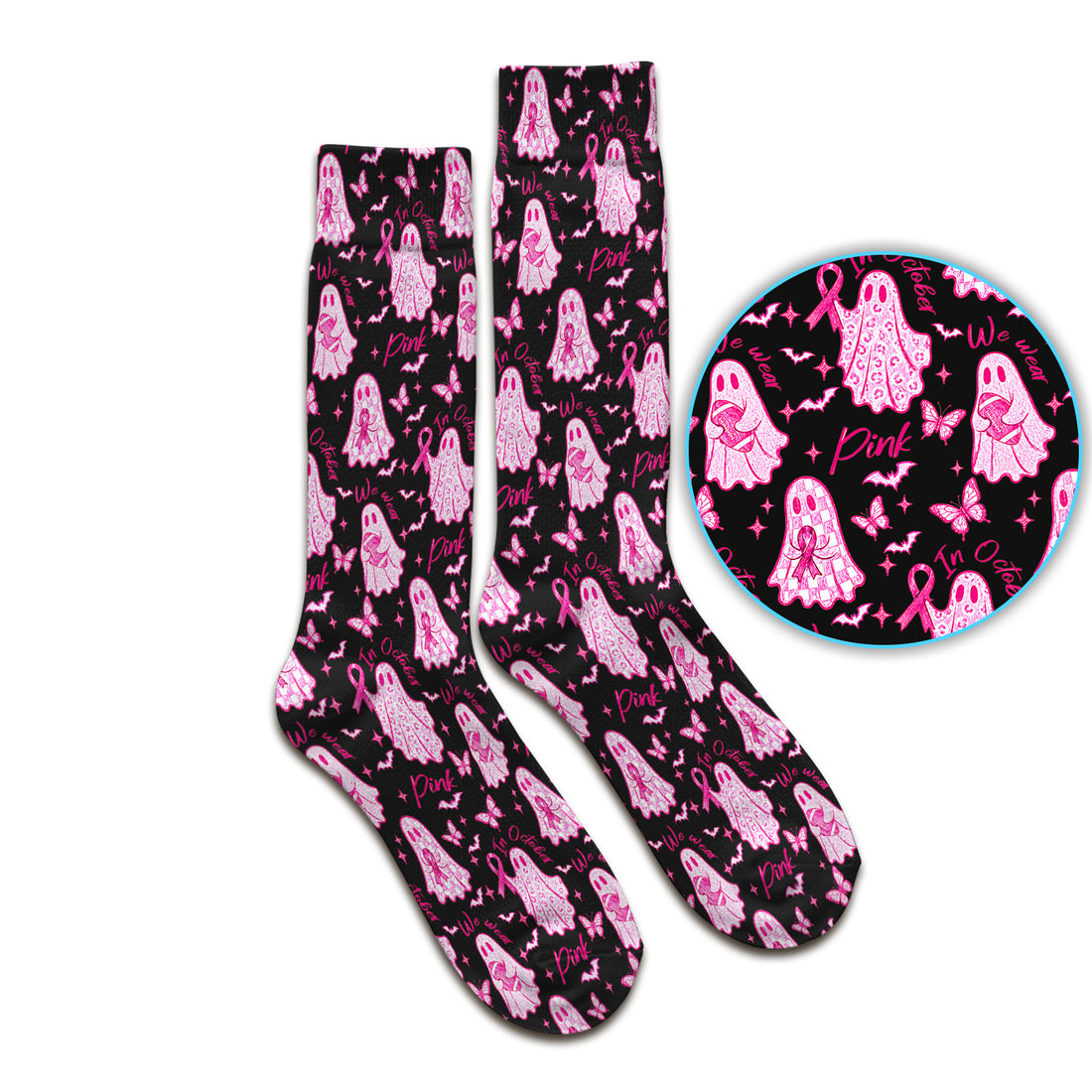 Spooky Pink Ribbon Ghost Socks, Adult Socks for Men and Women