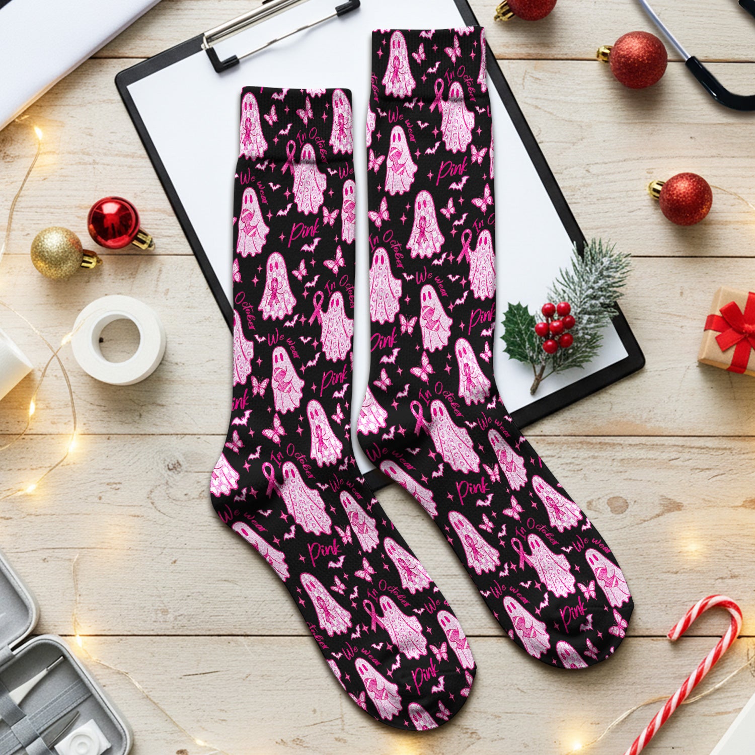 Spooky Pink Ribbon Ghost Socks, Adult Socks for Men and Women