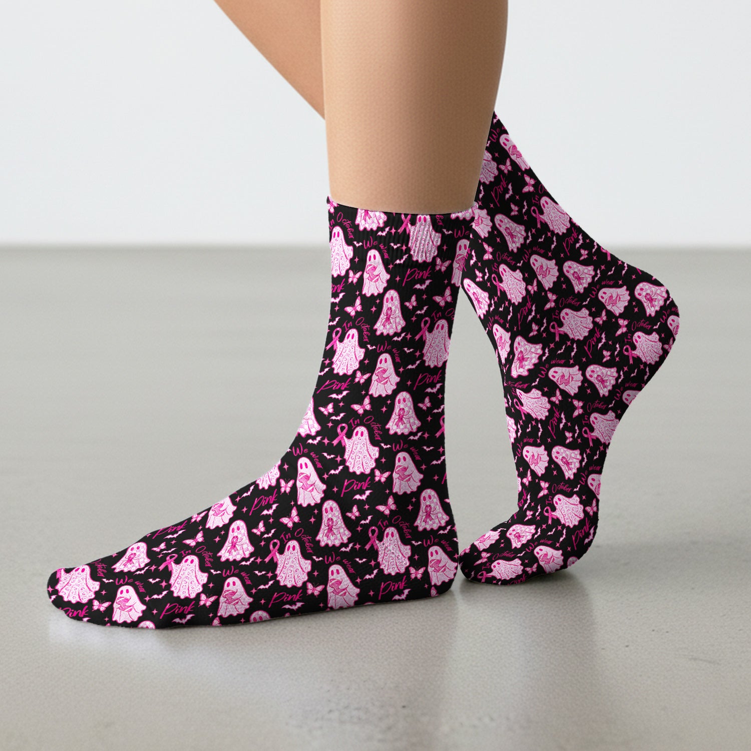 Spooky Pink Ribbon Ghost Socks, Adult Socks for Men and Women