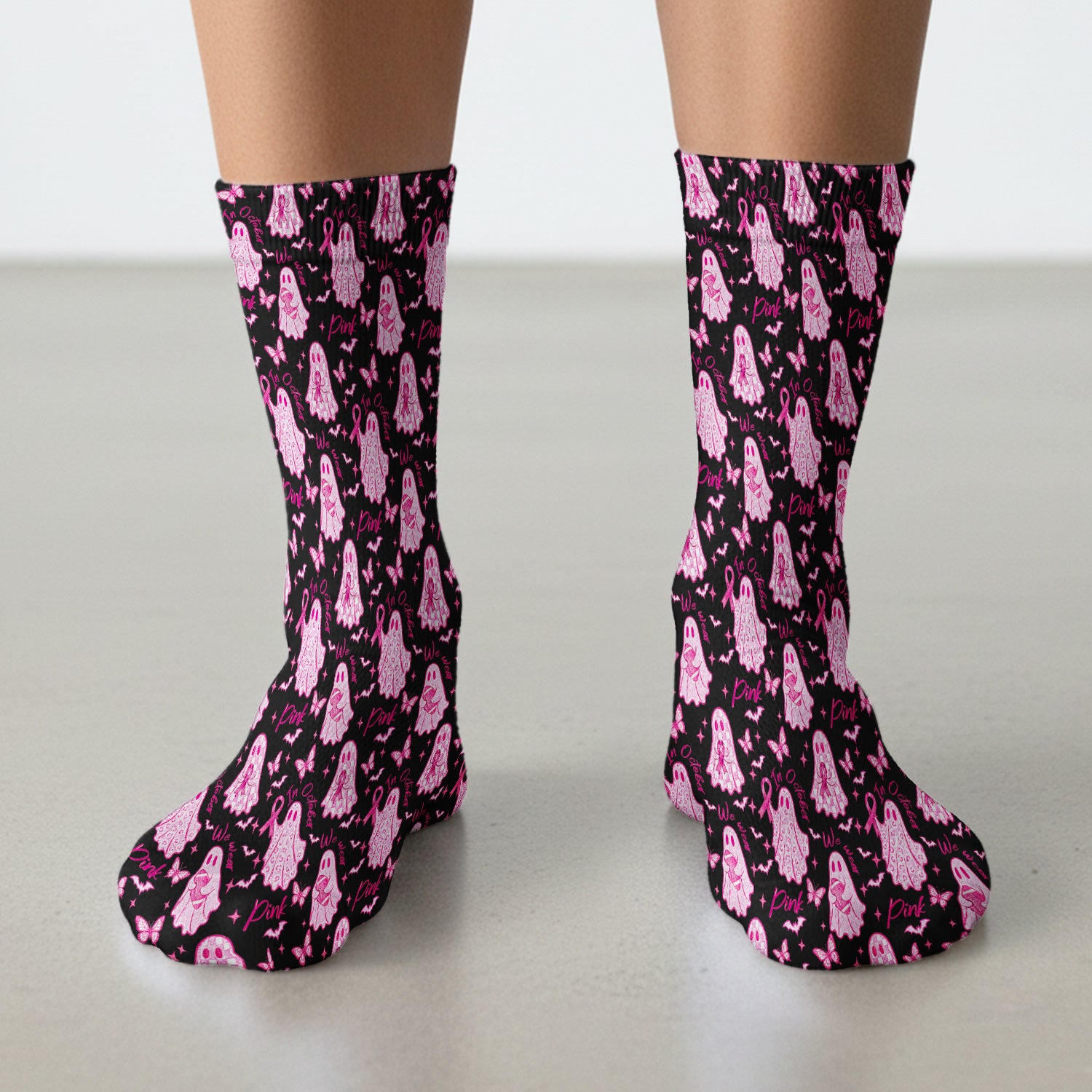 Spooky Pink Ribbon Ghost Socks, Adult Socks for Men and Women