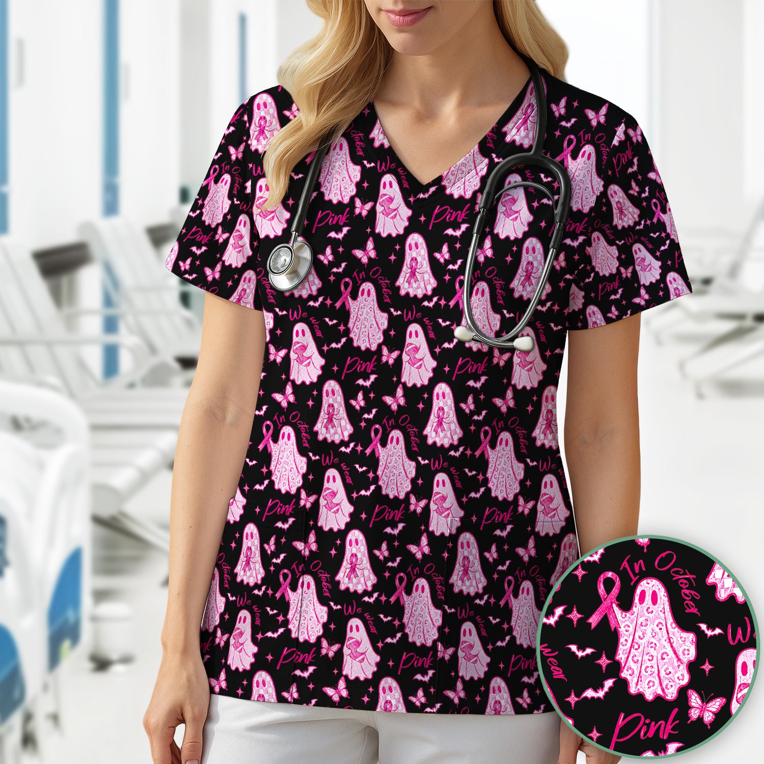 Spooky Pink Ribbon Ghost Scrub Top, Comfortable Scrubs for Nurses