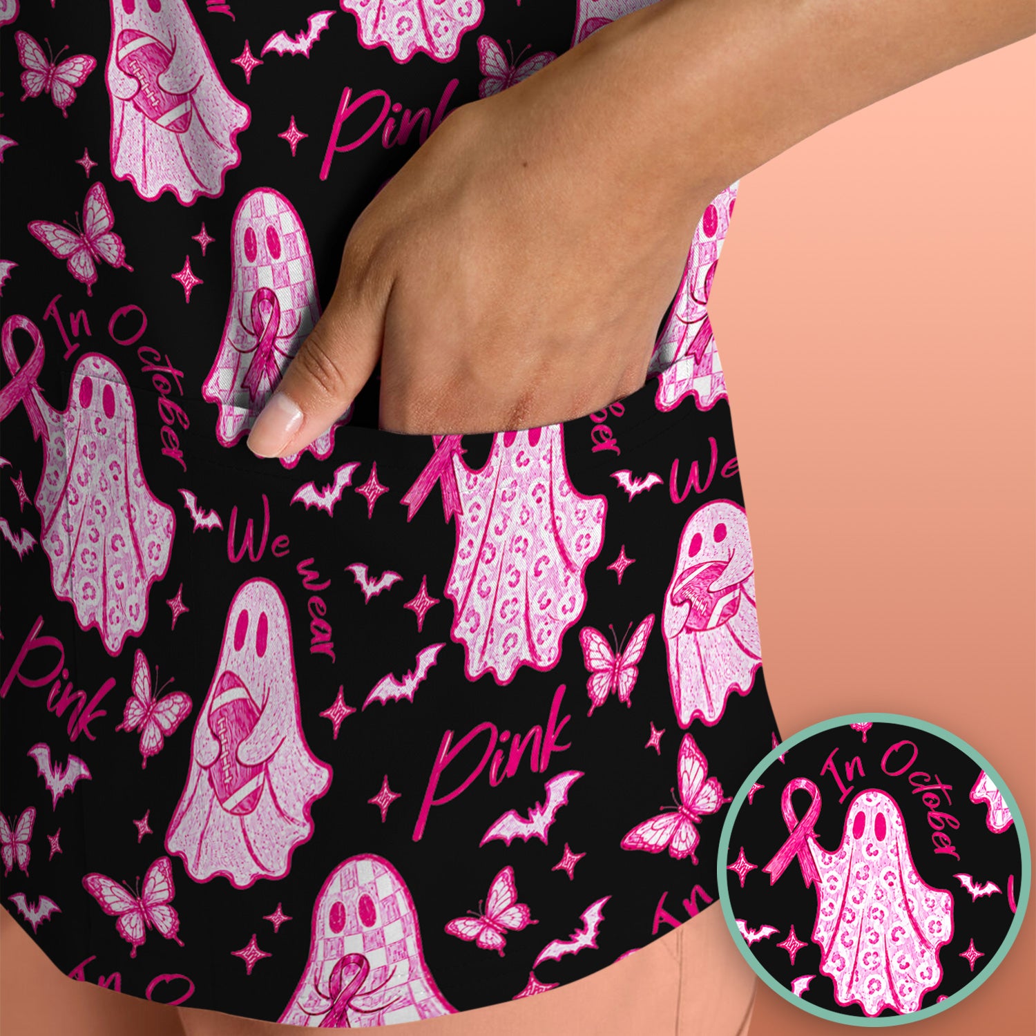 Spooky Pink Ribbon Ghost Scrub Top, Comfortable Scrubs for Nurses