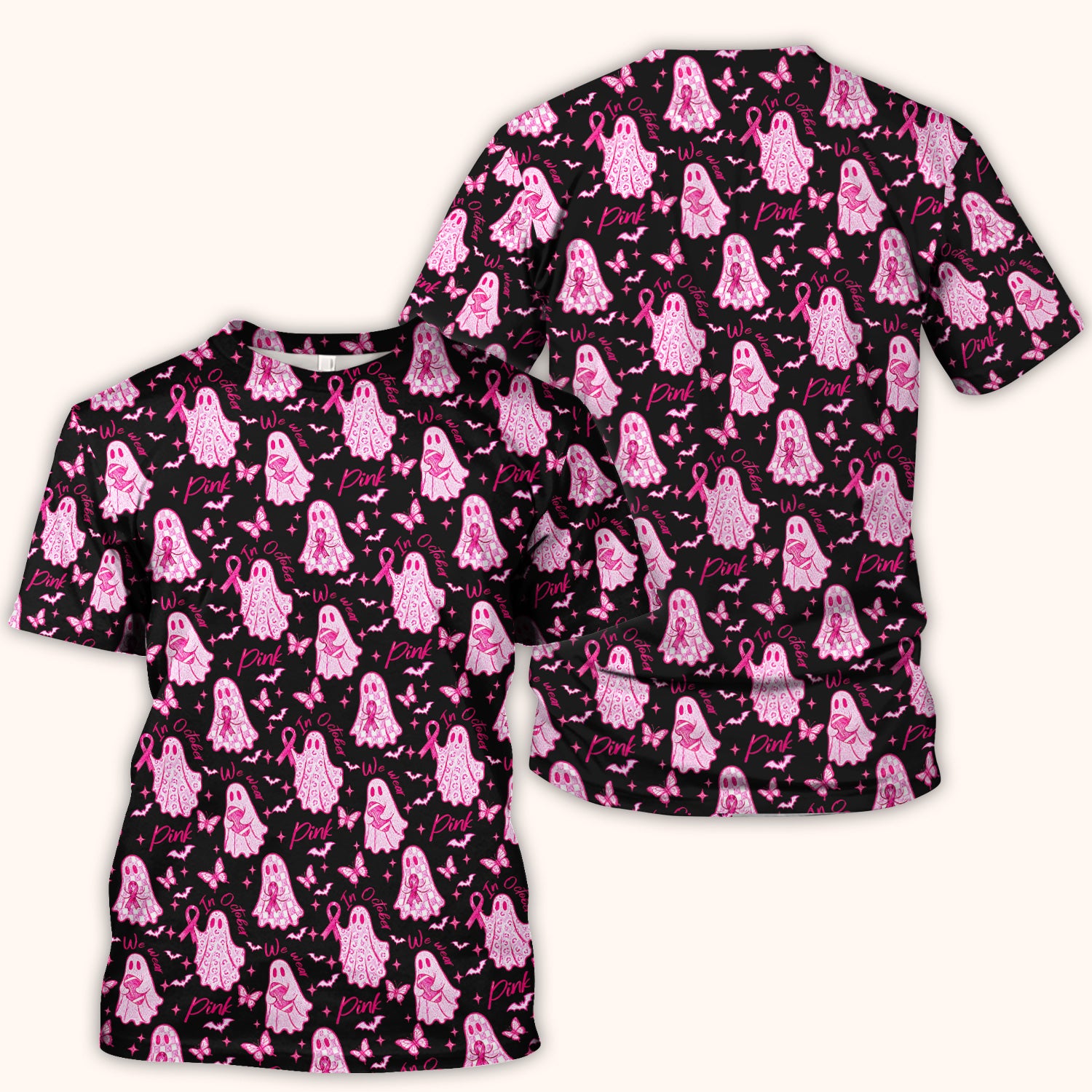 Spooky Pink Ribbon Ghost Scrub Top, Comfortable Scrubs for Nurses