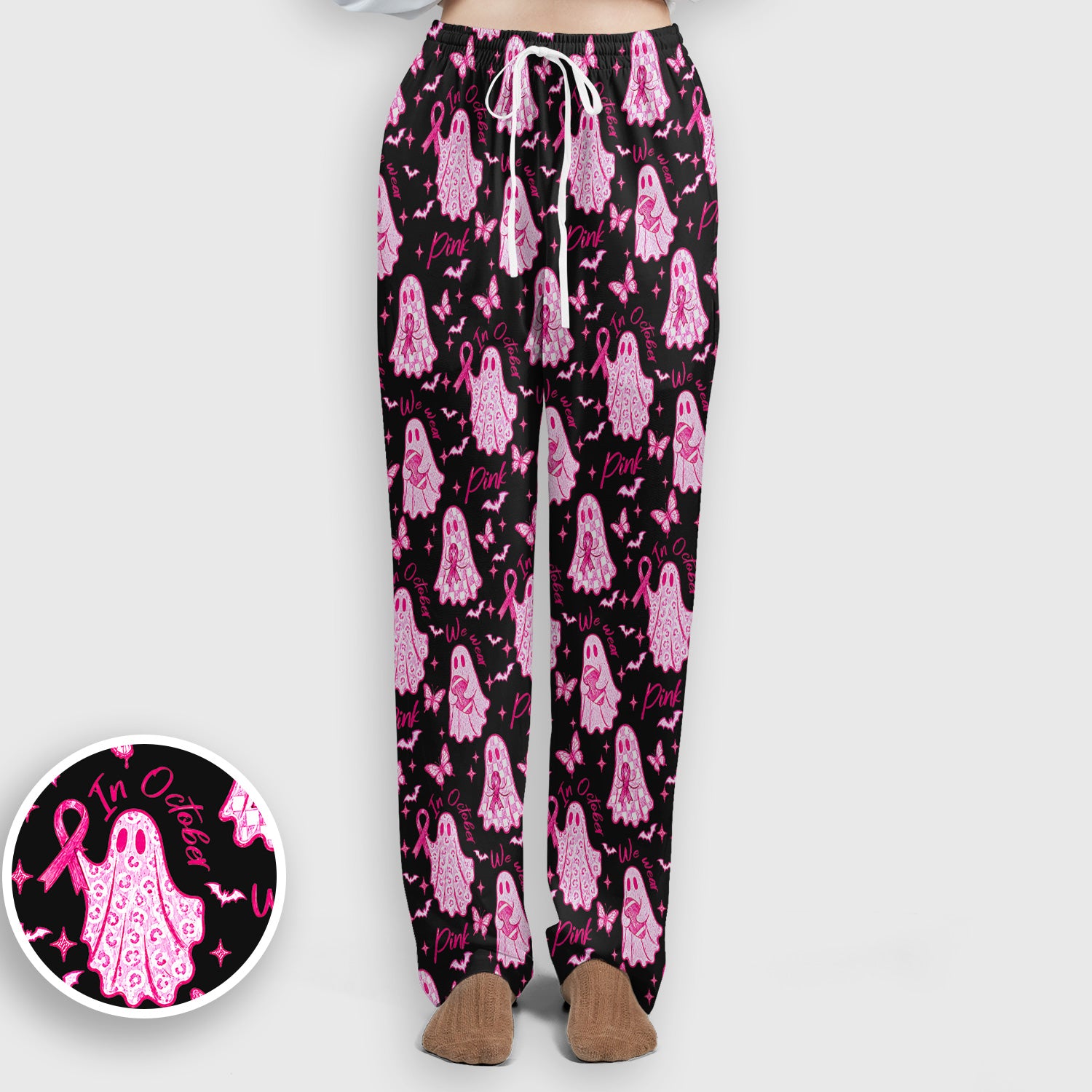 Spooky Pink Ribbon Ghost Scrub Set, Scrub Pants and V Neck Top