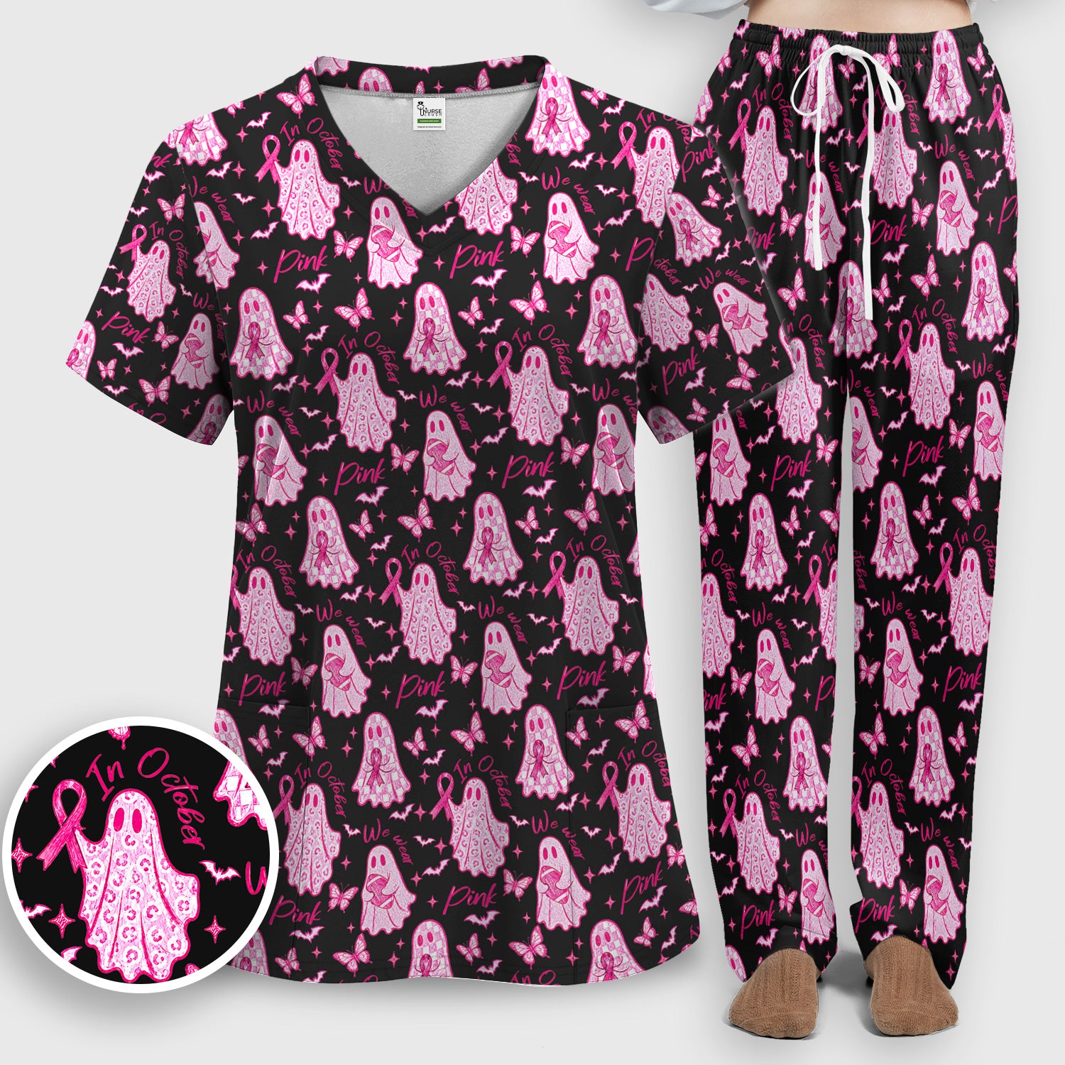 Spooky Pink Ribbon Ghost Scrub Set, Scrub Pants and V Neck Top