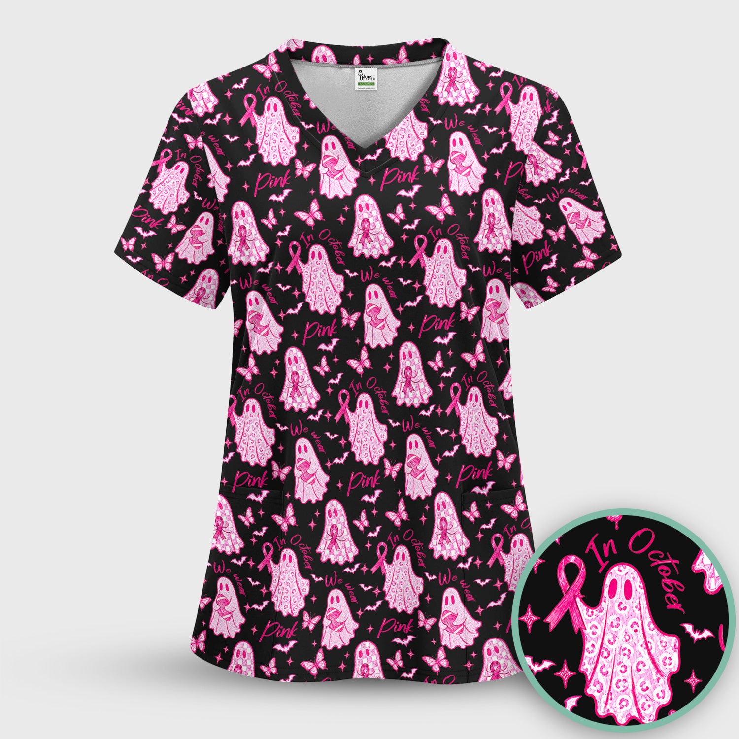 Spooky Pink Ribbon Ghost Scrub Top, Comfortable Scrubs for Nurses
