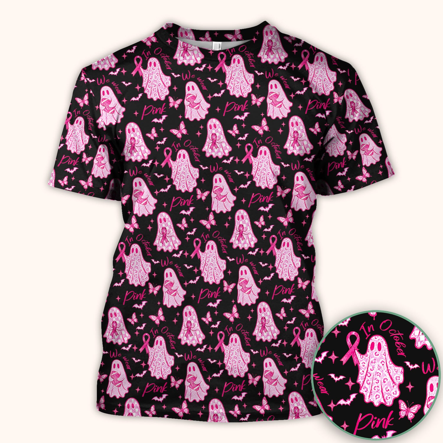 Spooky Pink Ribbon Ghost Scrub Top, Comfortable Scrubs for Nurses
