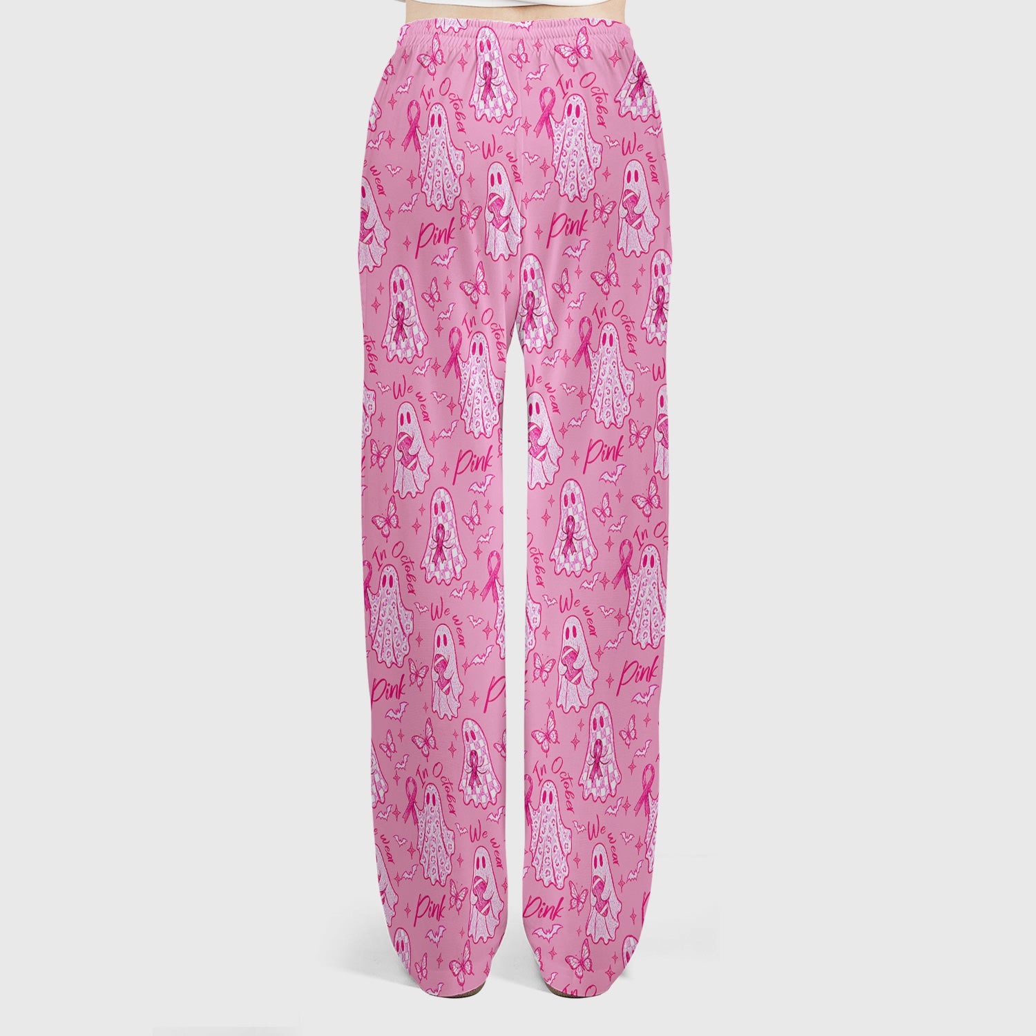 Spooky Pink Ribbon Ghost Scrub Set, Scrub Pants and V Neck Top