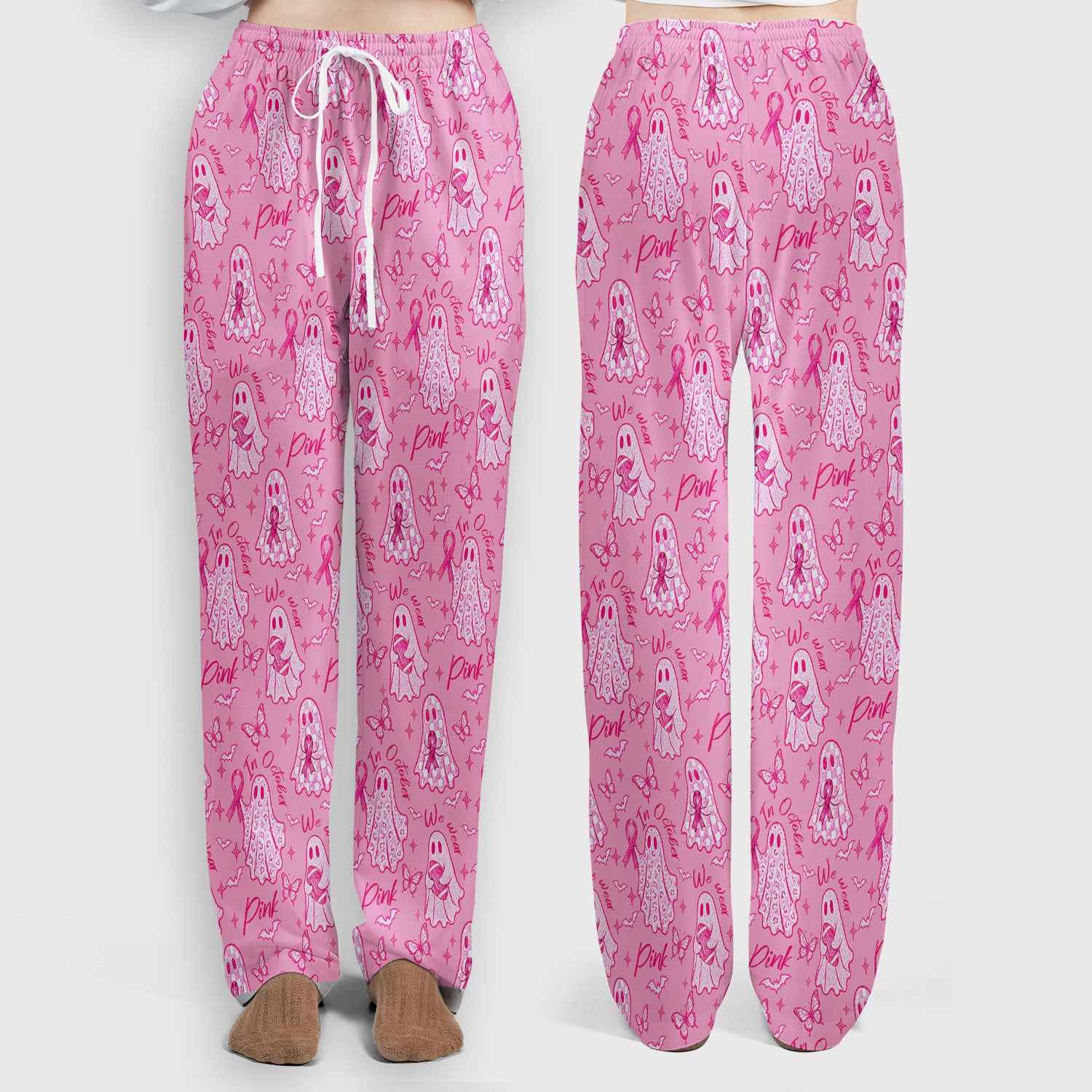Spooky Pink Ribbon Ghost Scrub Set, Scrub Pants and V Neck Top