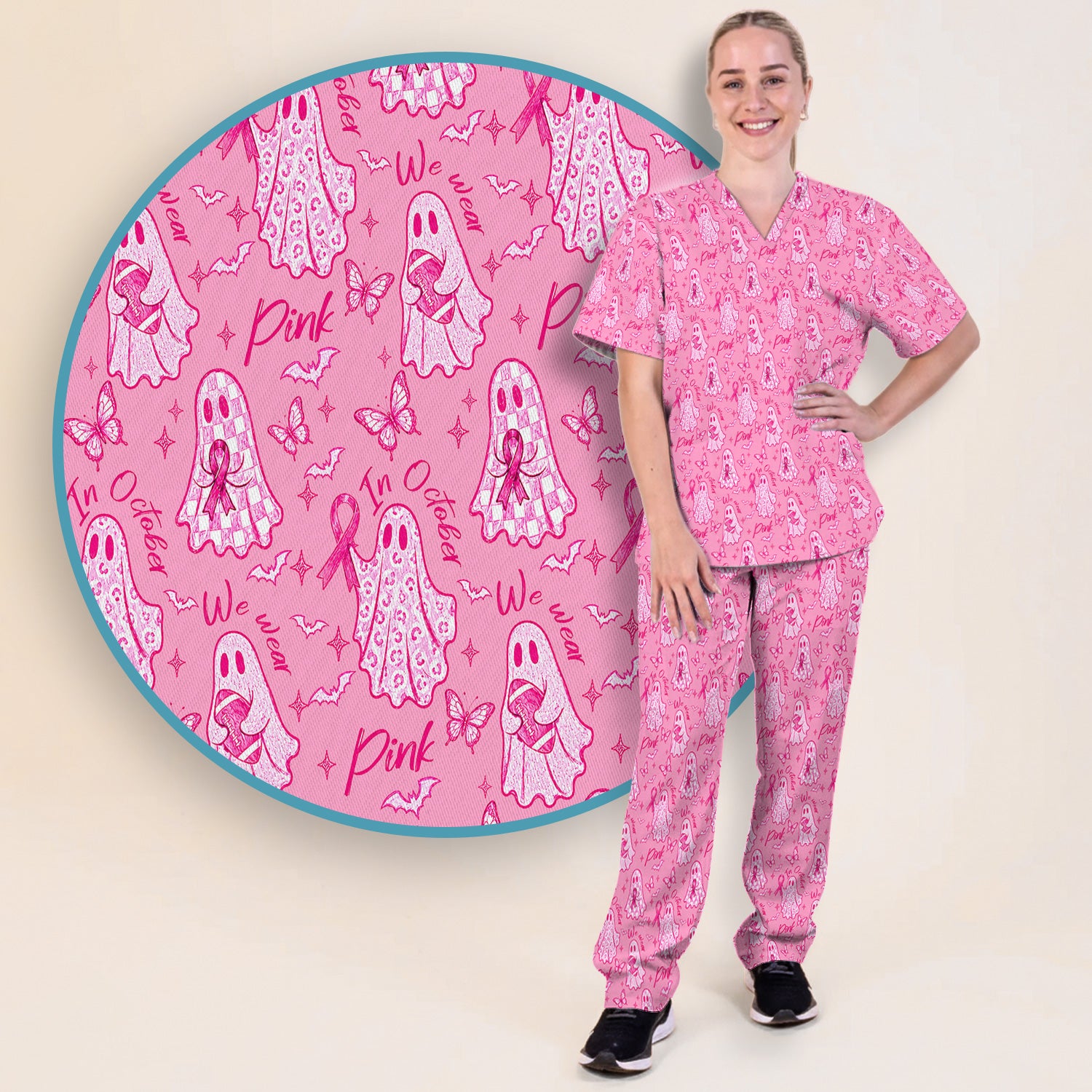Spooky Pink Ribbon Ghost Scrub Set, Scrub Pants and V Neck Top