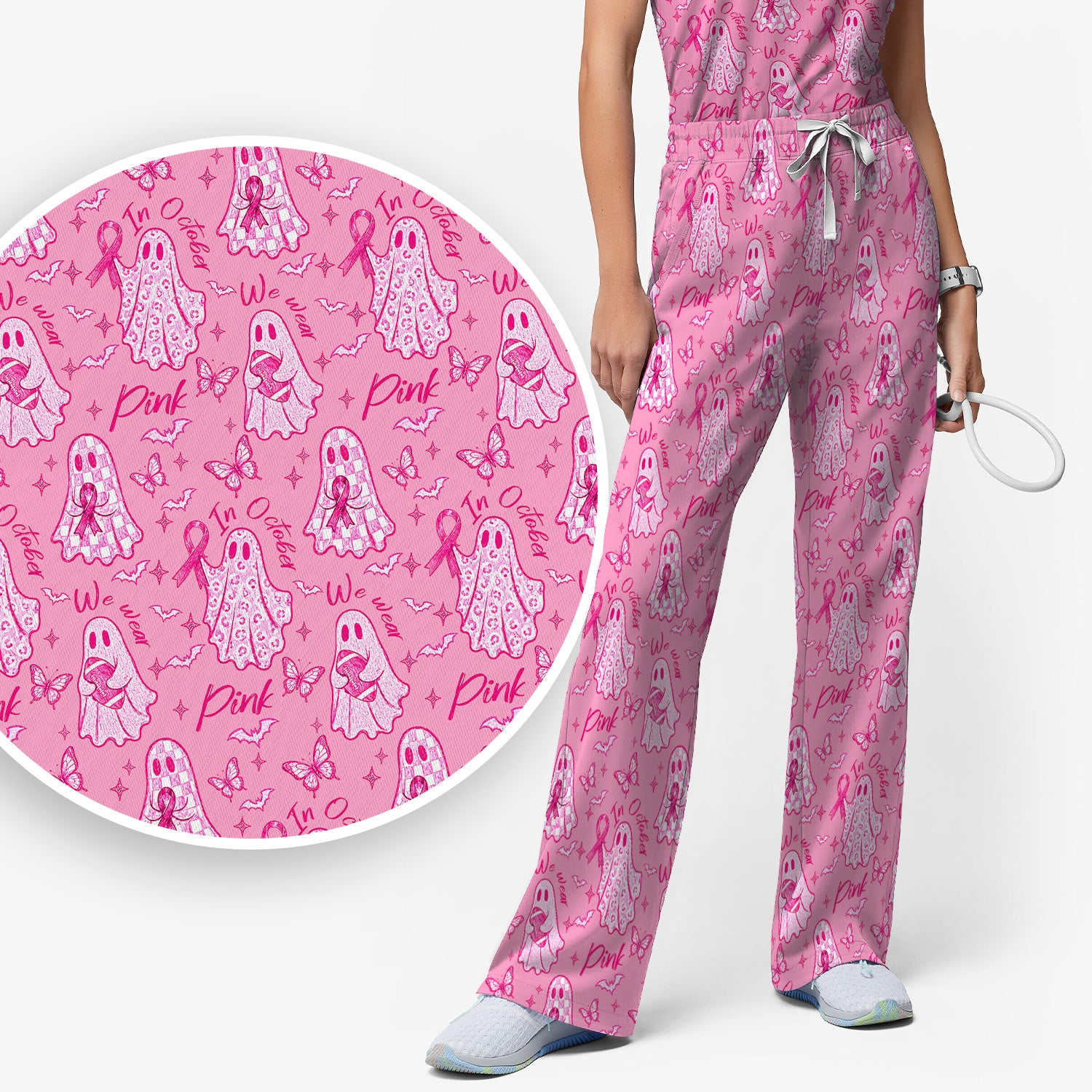Spooky Pink Ribbon Ghost Scrub Set, Scrub Pants and V Neck Top
