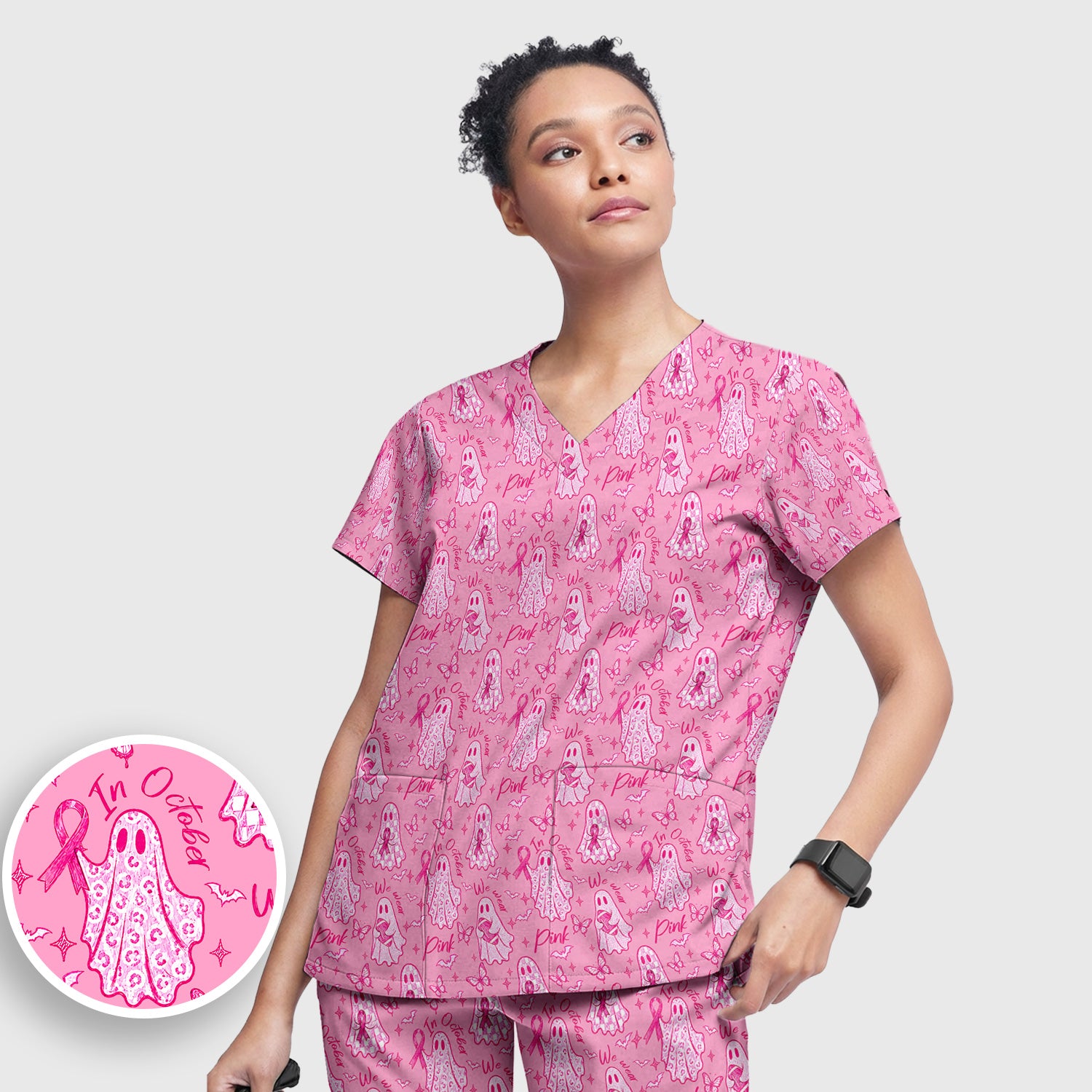 Spooky Pink Ribbon Ghost Scrub Set, Scrub Pants and V Neck Top