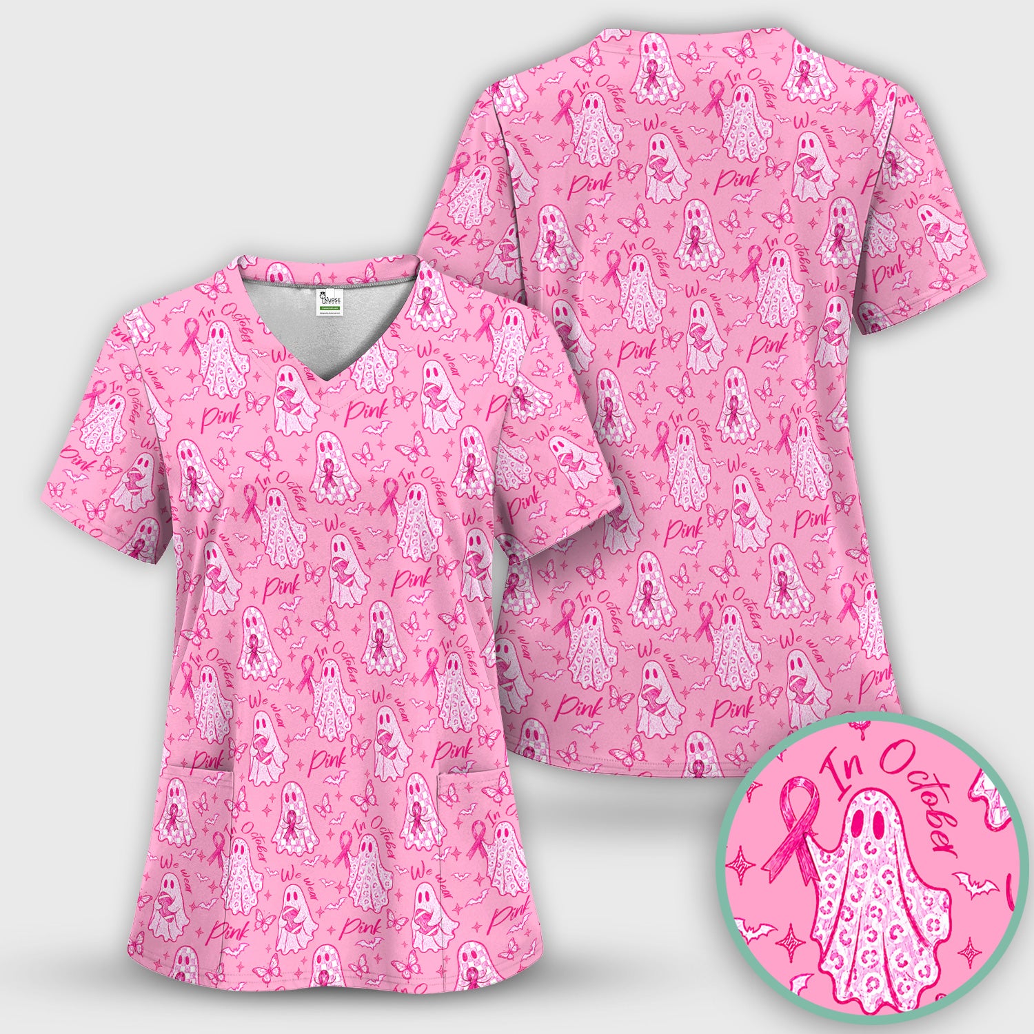 Spooky Pink Ribbon Ghost Scrub Top, Comfortable Scrubs for Nurses