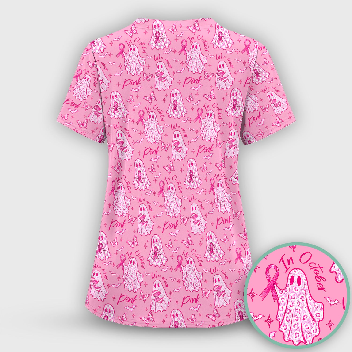 Spooky Pink Ribbon Ghost Scrub Top, Comfortable Scrubs for Nurses