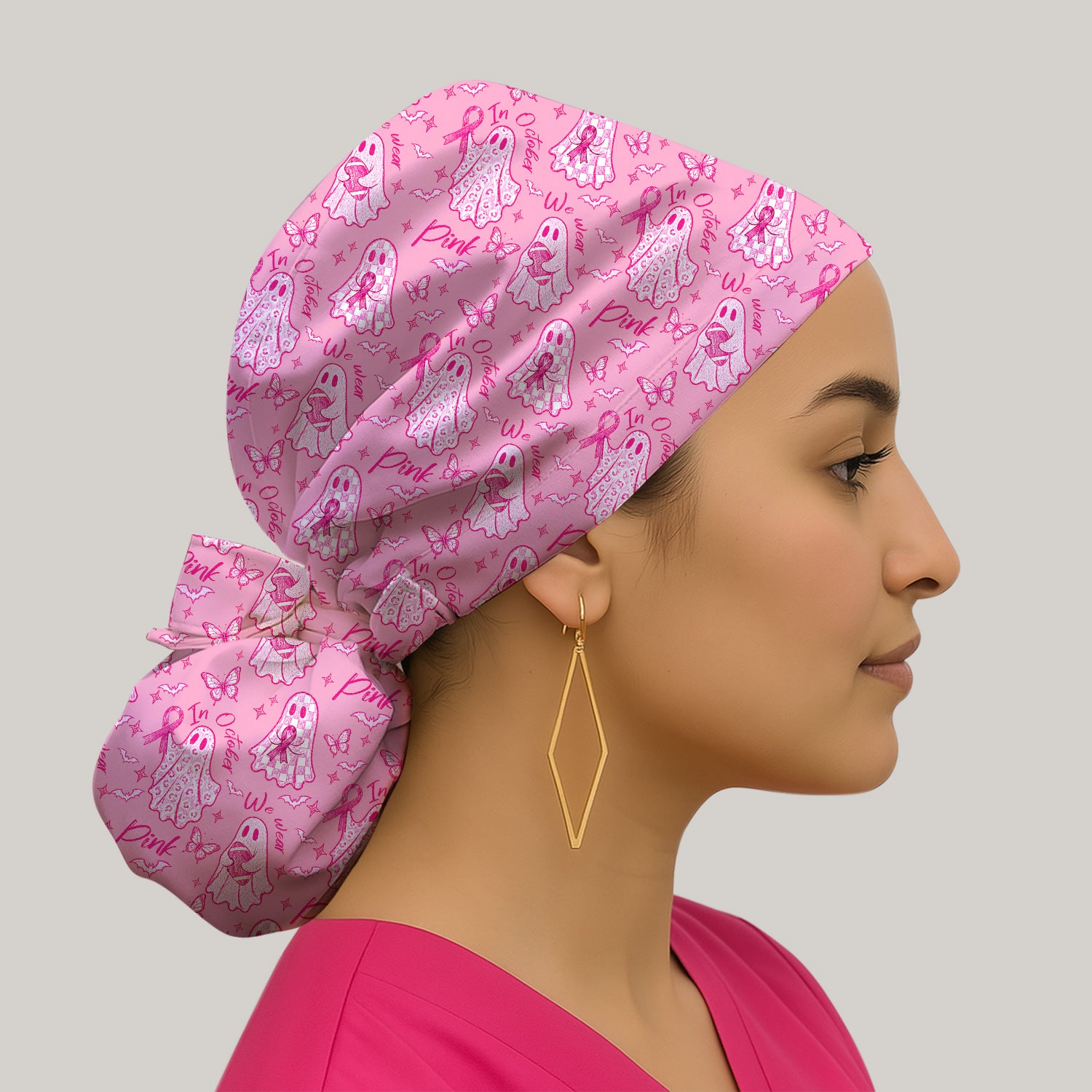 Spooky Pink Ribbon Ghost Scrub Cap, Surgical Caps for Doctors