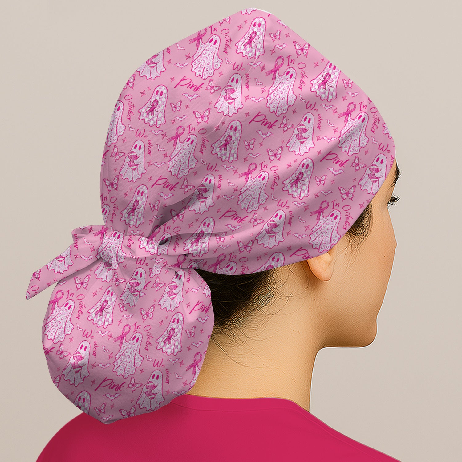 Spooky Pink Ribbon Ghost Scrub Cap, Surgical Caps for Doctors
