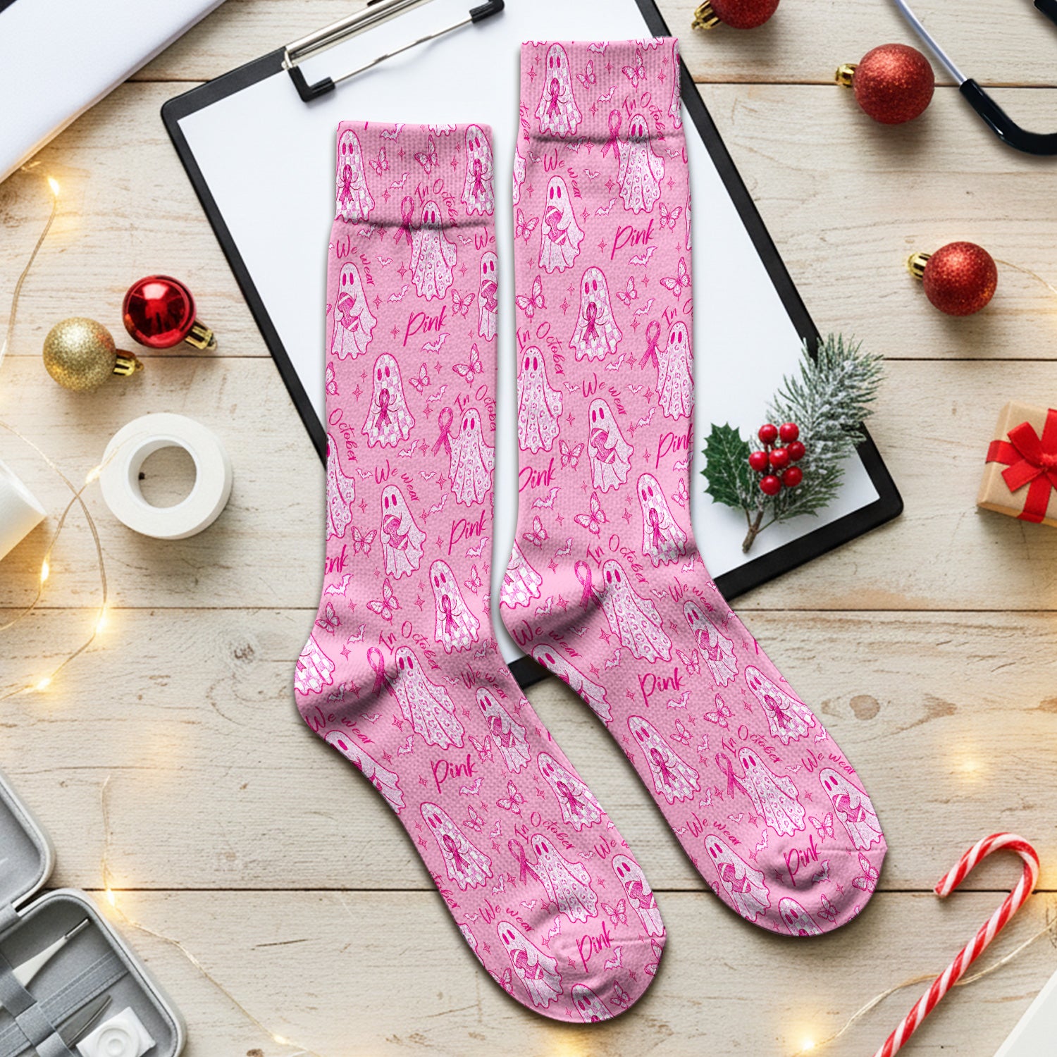 Spooky Pink Ribbon Ghost Socks, Adult Socks for Men and Women