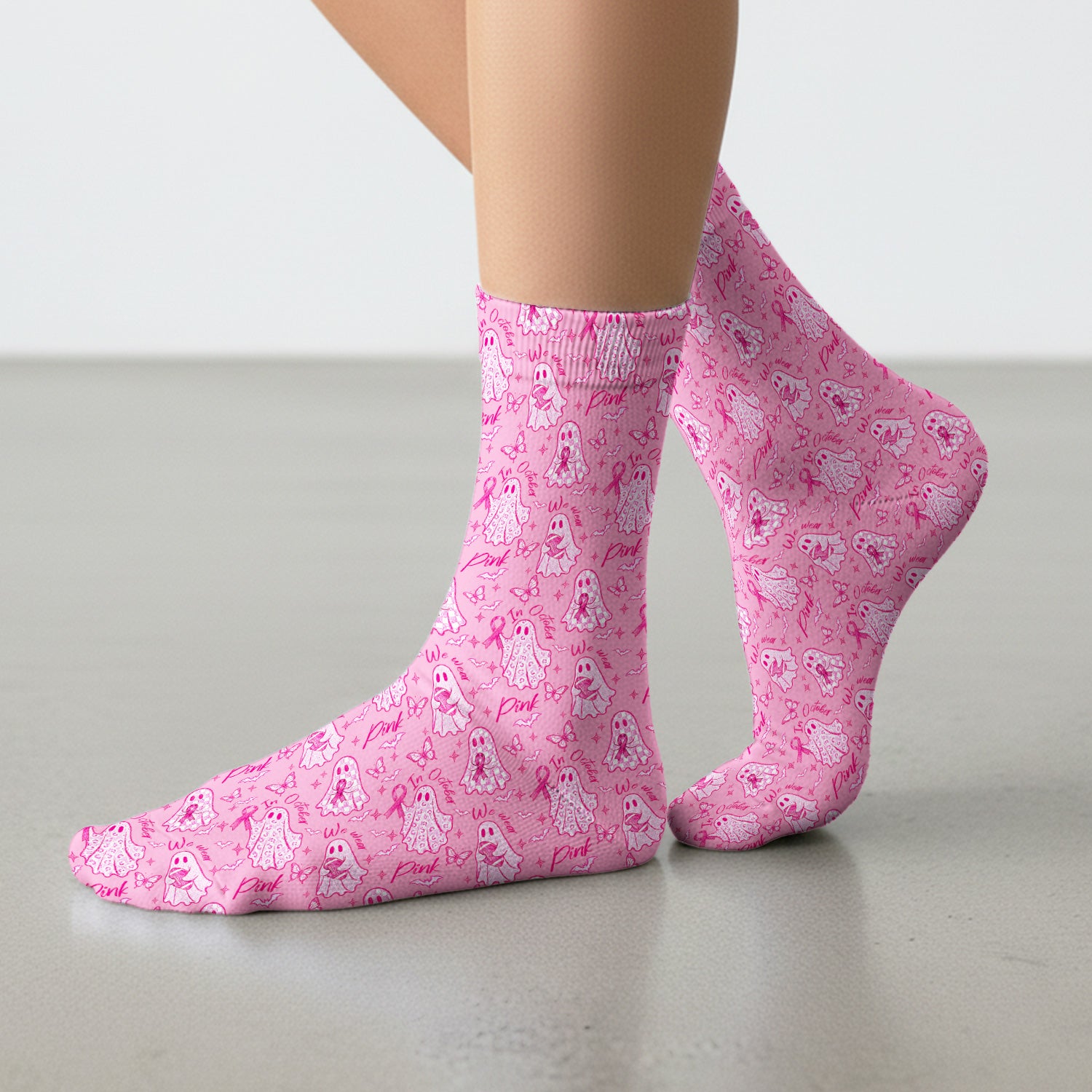 Spooky Pink Ribbon Ghost Socks, Adult Socks for Men and Women