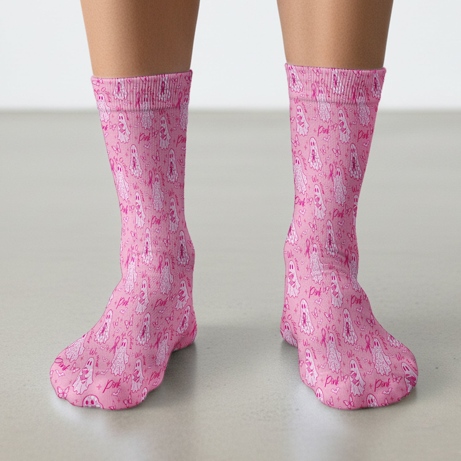 Spooky Pink Ribbon Ghost Socks, Adult Socks for Men and Women