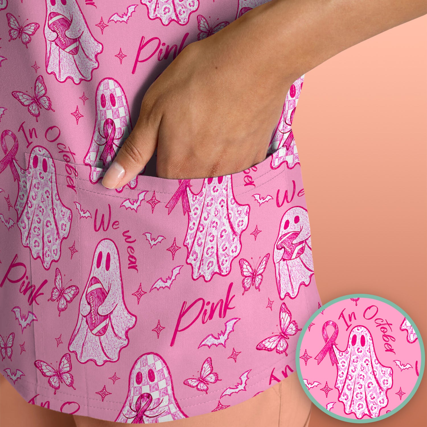 Spooky Pink Ribbon Ghost Scrub Top, Comfortable Scrubs for Nurses