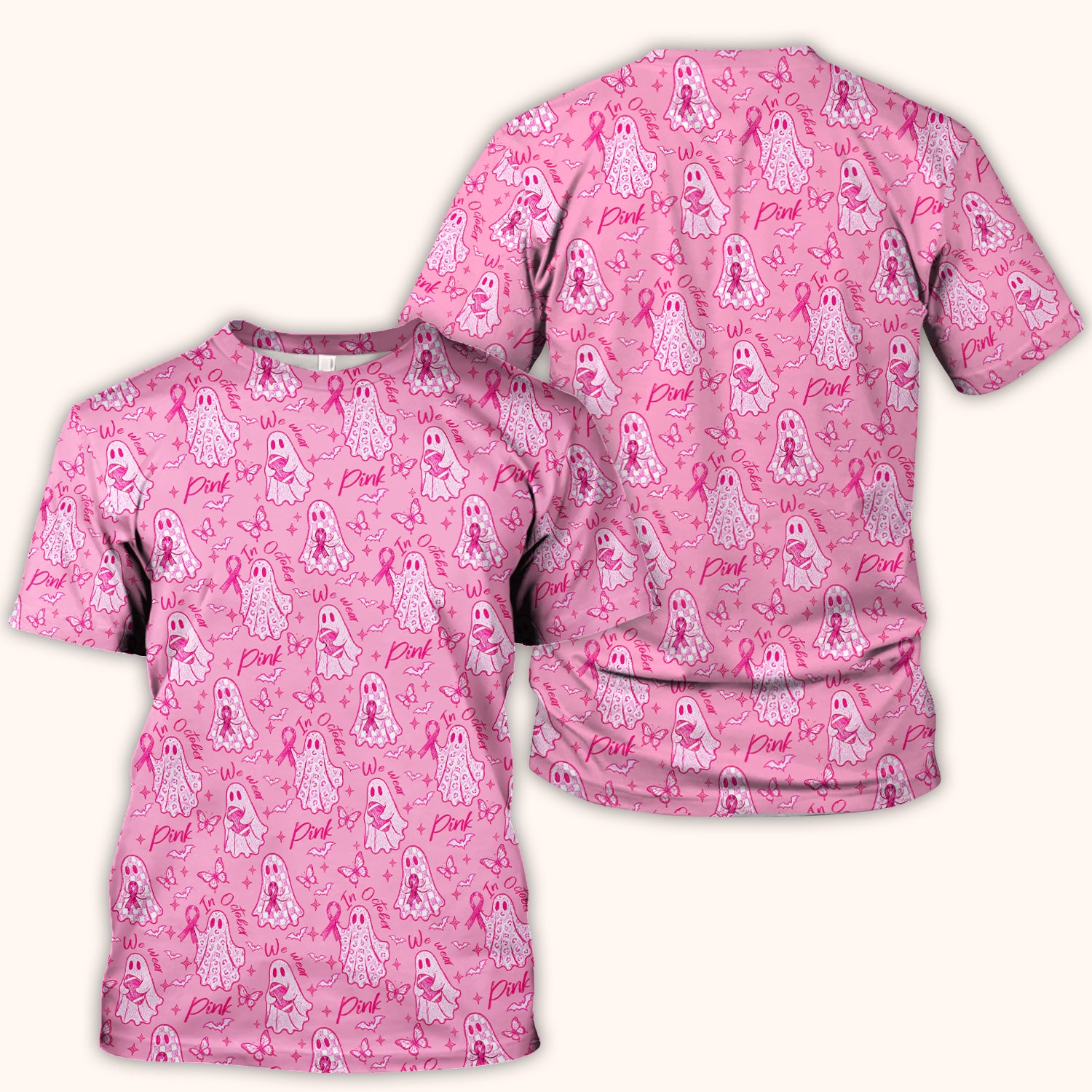 Spooky Pink Ribbon Ghost Scrub Top, Comfortable Scrubs for Nurses