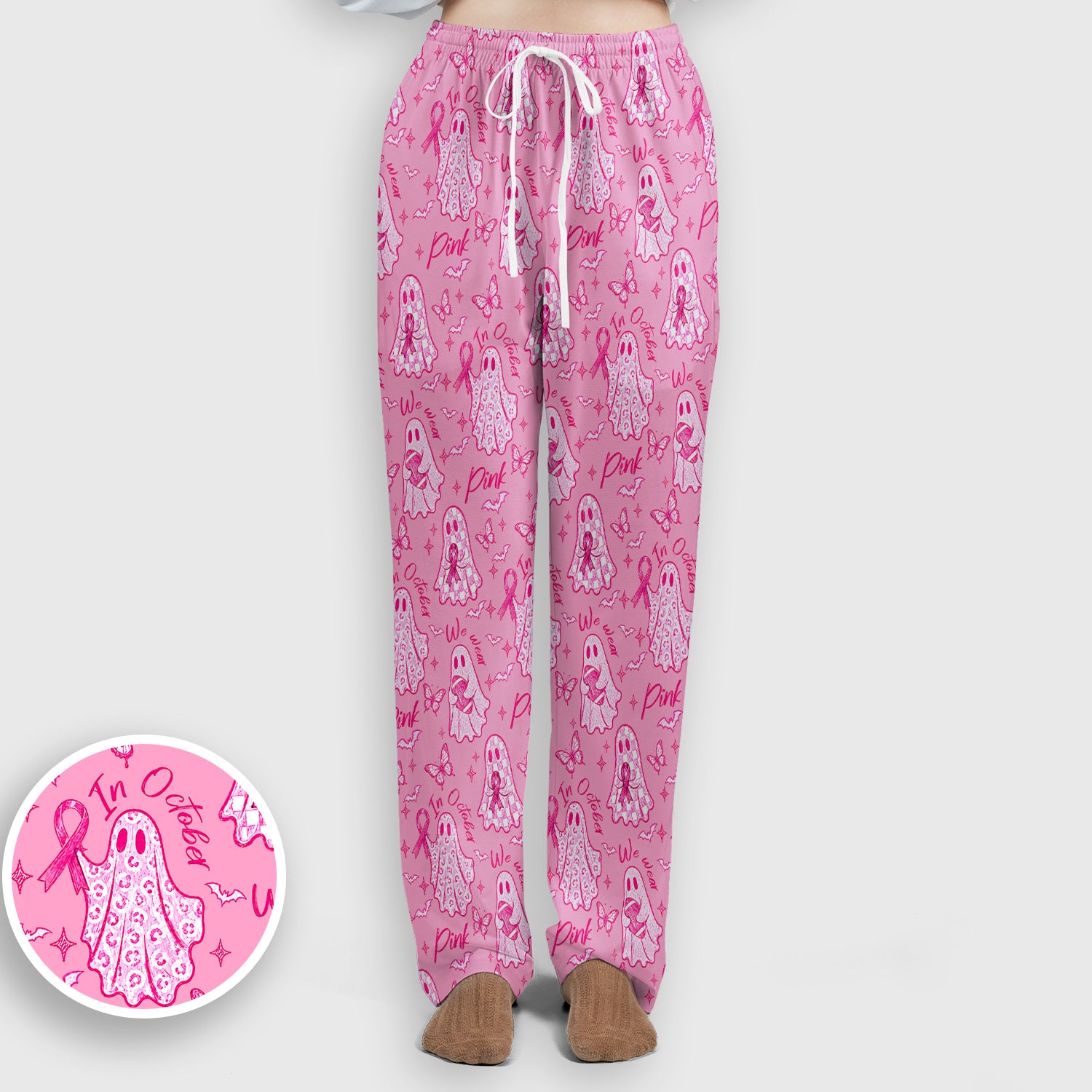 Spooky Pink Ribbon Ghost Scrub Set, Scrub Pants and V Neck Top