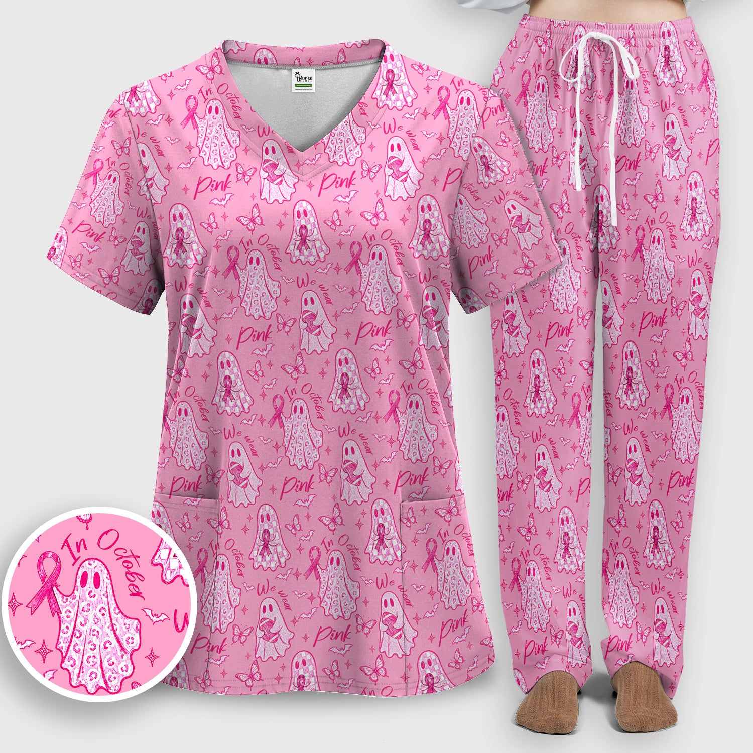 Spooky Pink Ribbon Ghost Scrub Set, Scrub Pants and V Neck Top