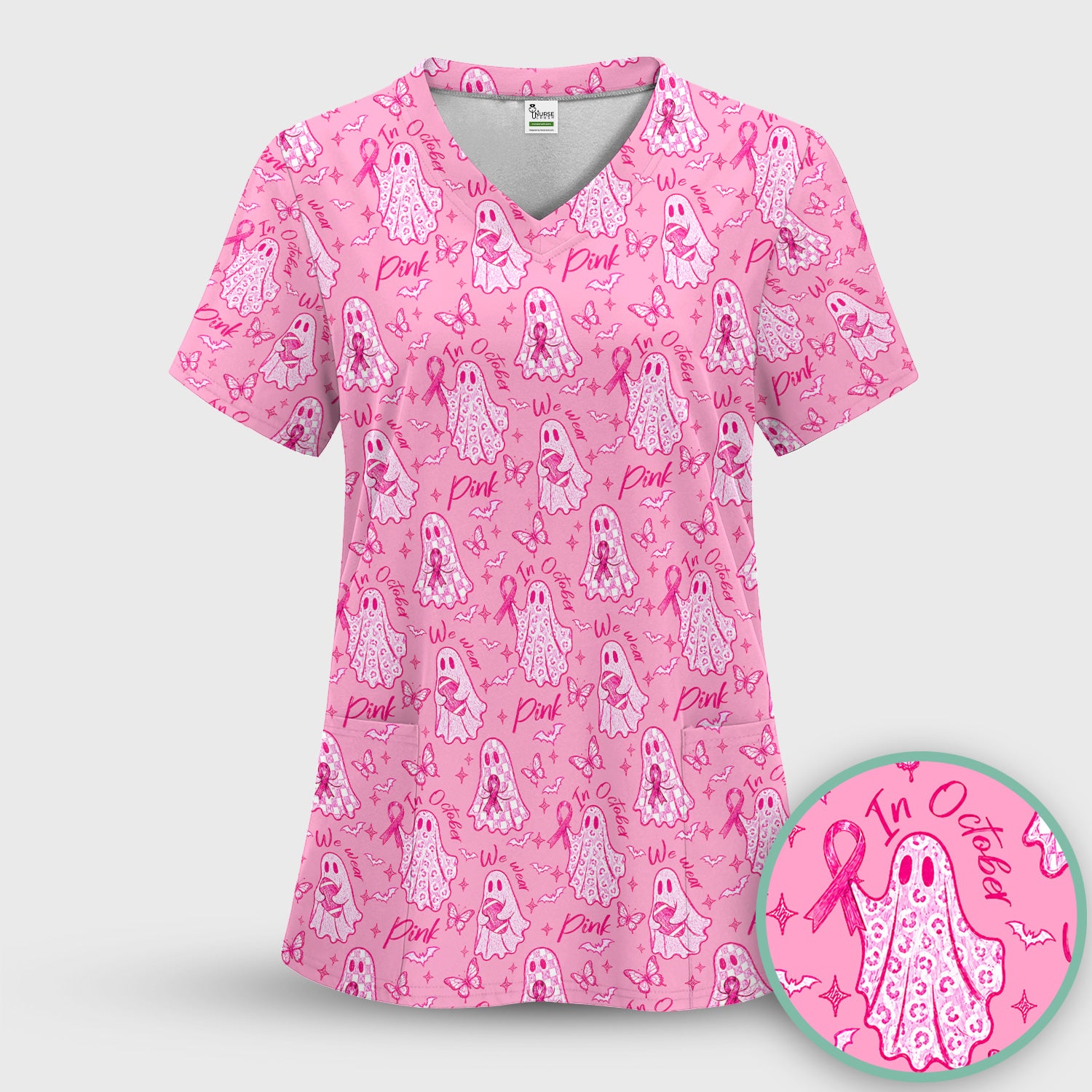 Spooky Pink Ribbon Ghost Scrub Top, Comfortable Scrubs for Nurses