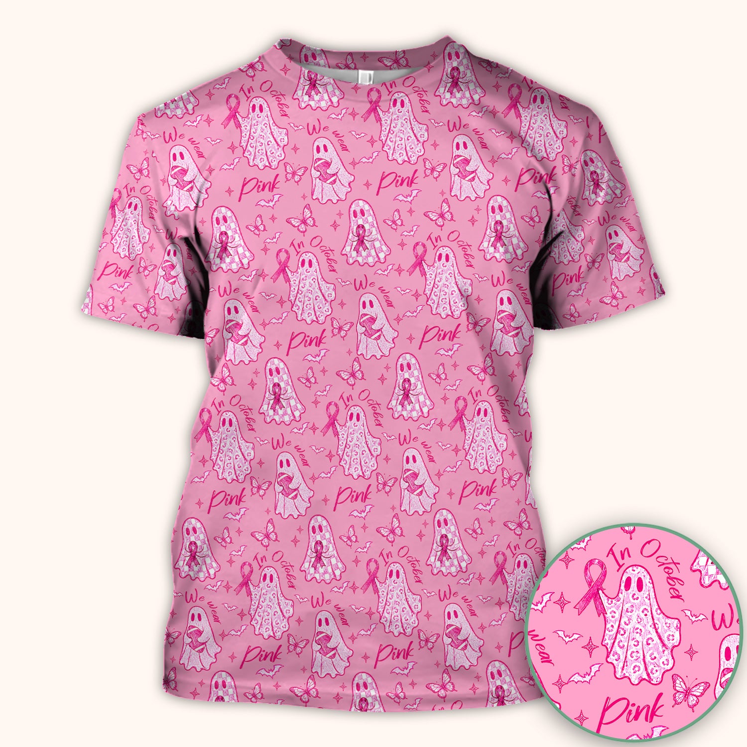 Spooky Pink Ribbon Ghost Scrub Top, Comfortable Scrubs for Nurses