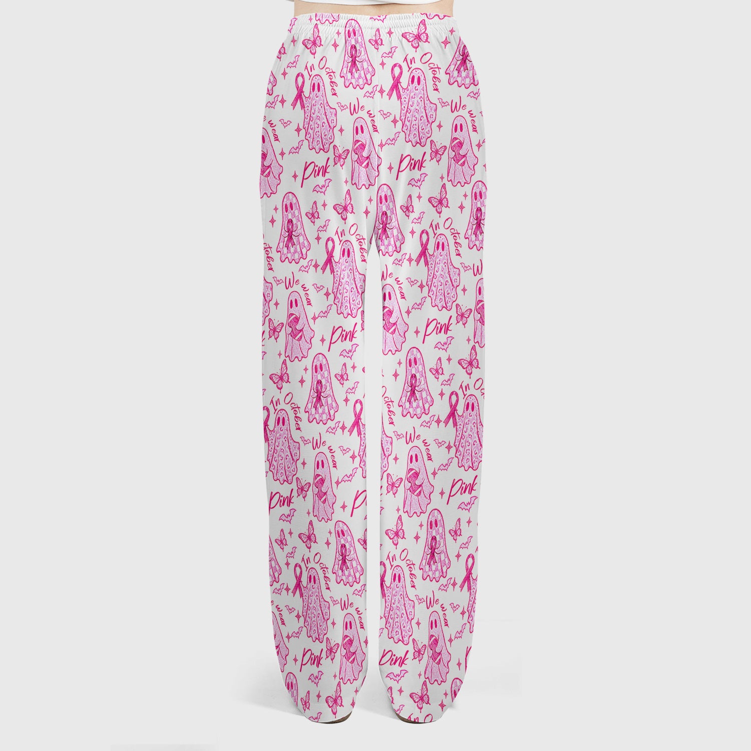 Spooky Pink Ribbon Ghost Scrub Set, Scrub Pants and V Neck Top