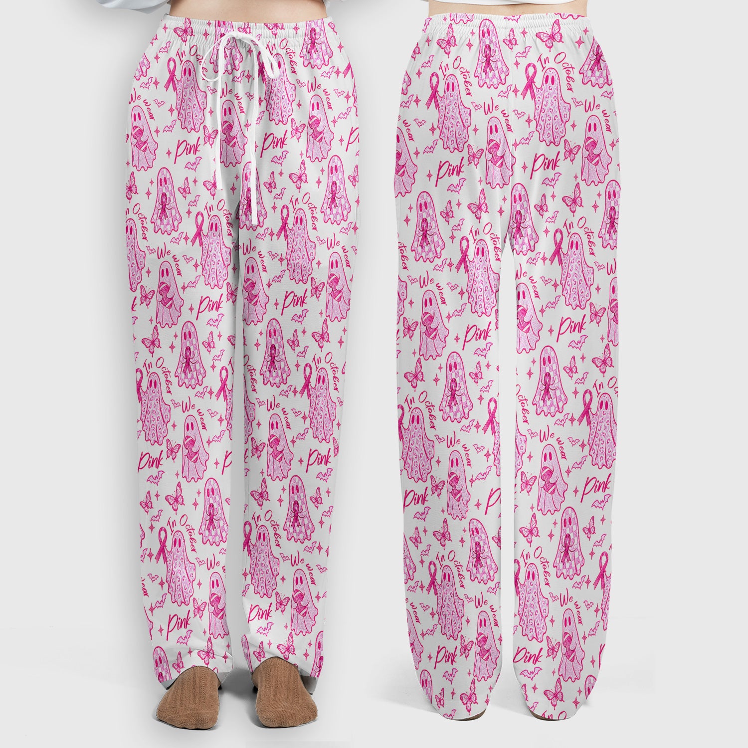 Spooky Pink Ribbon Ghost Scrub Set, Scrub Pants and V Neck Top