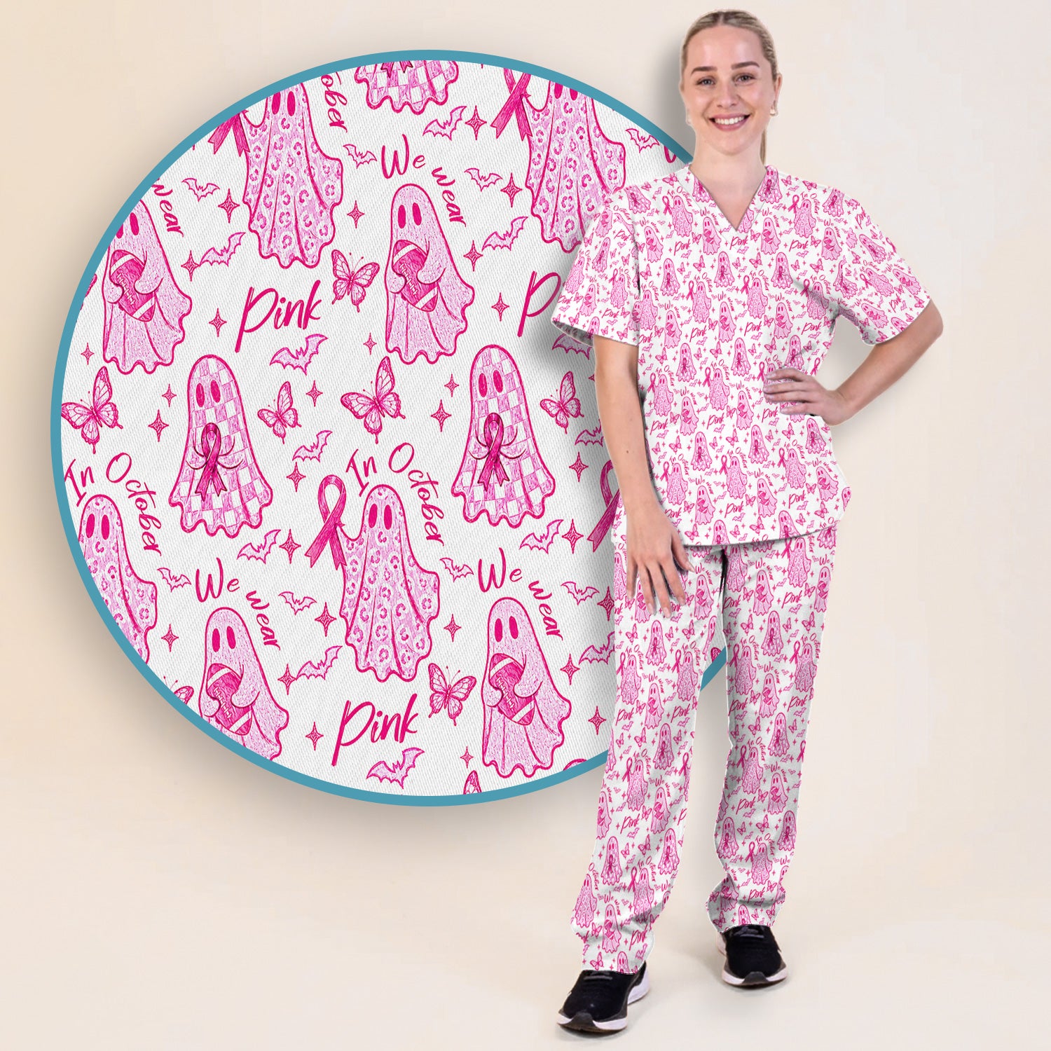 Spooky Pink Ribbon Ghost Scrub Set, Scrub Pants and V Neck Top